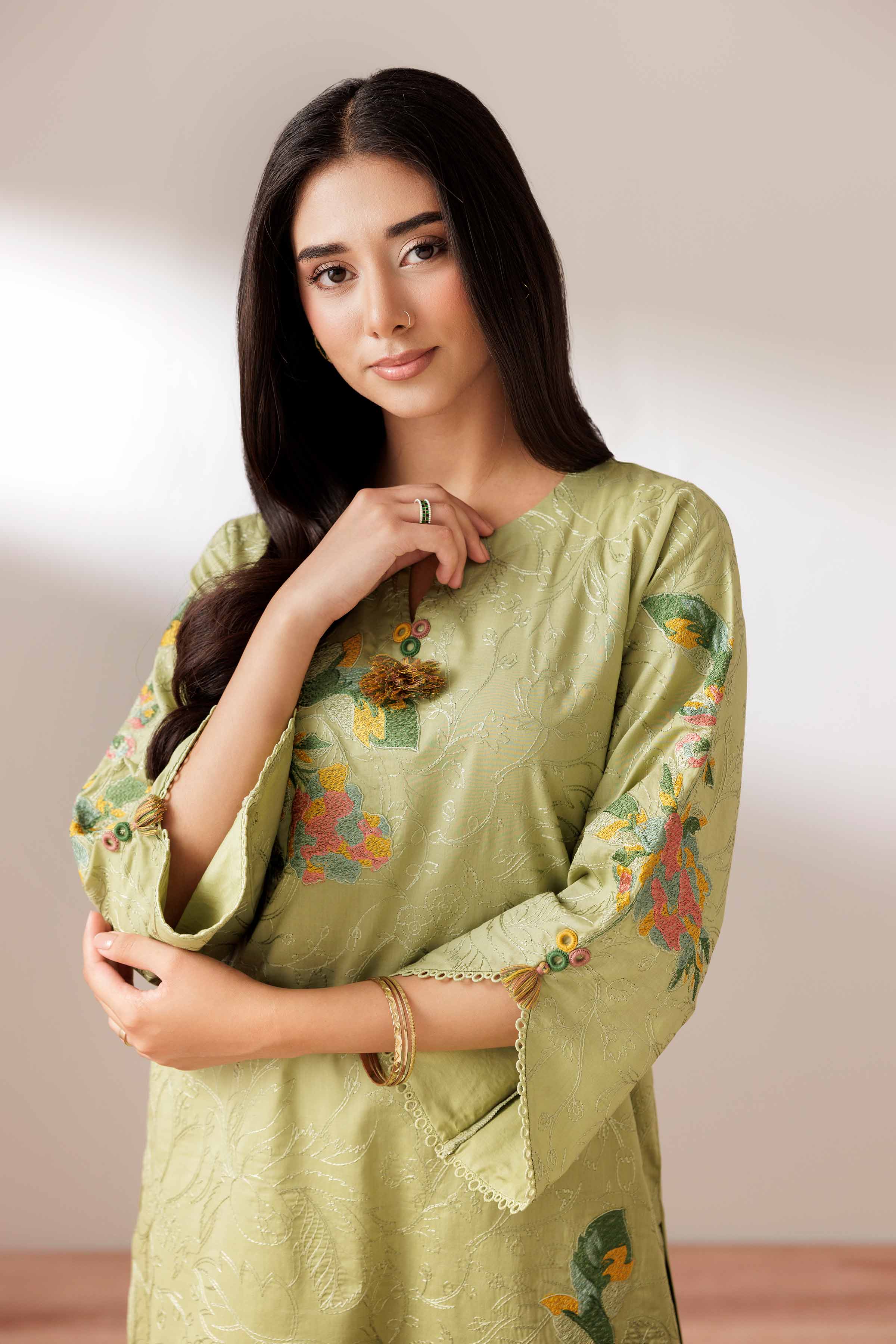 2 Piece - Embroidered Suit - PUS25-72 READY TO WEAR Green Cambric 2PC Embroidered