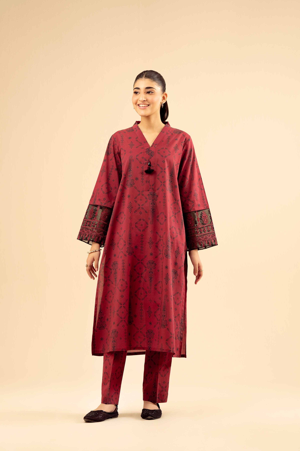 2 Piece - Printed Embroidered Suit - PW25-09 Red Cambric 2PC Embroidered Nishat Australia