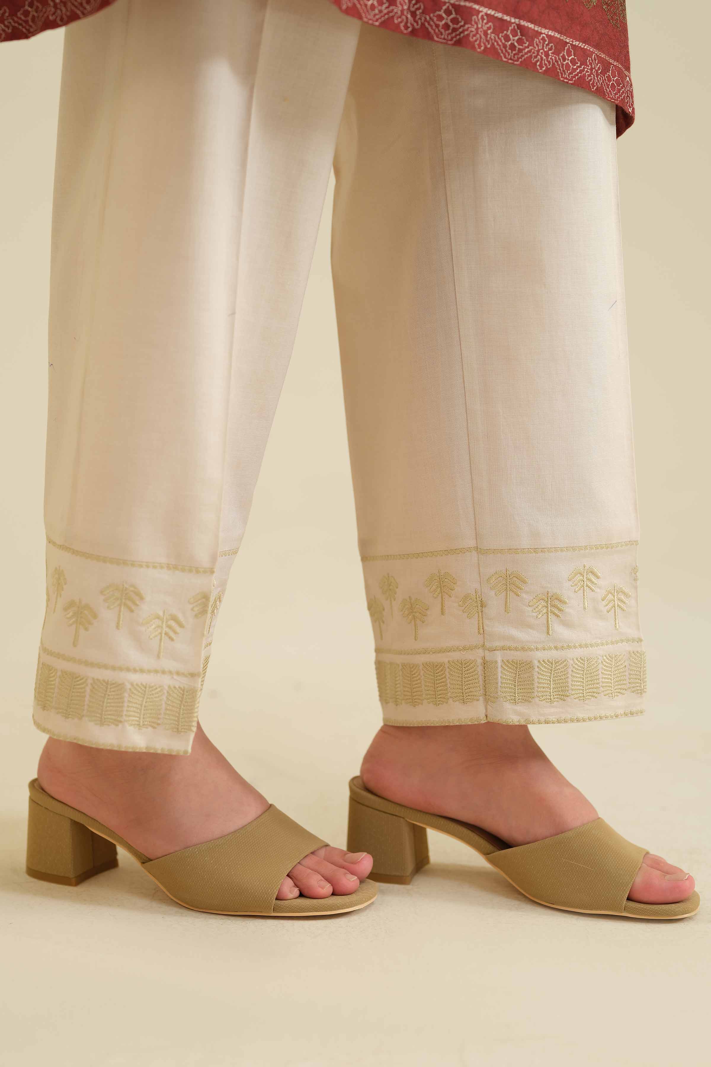 Embroidered Trousers - PW25-104 READY TO WEAR Beige Cambric 1PC Embroidered