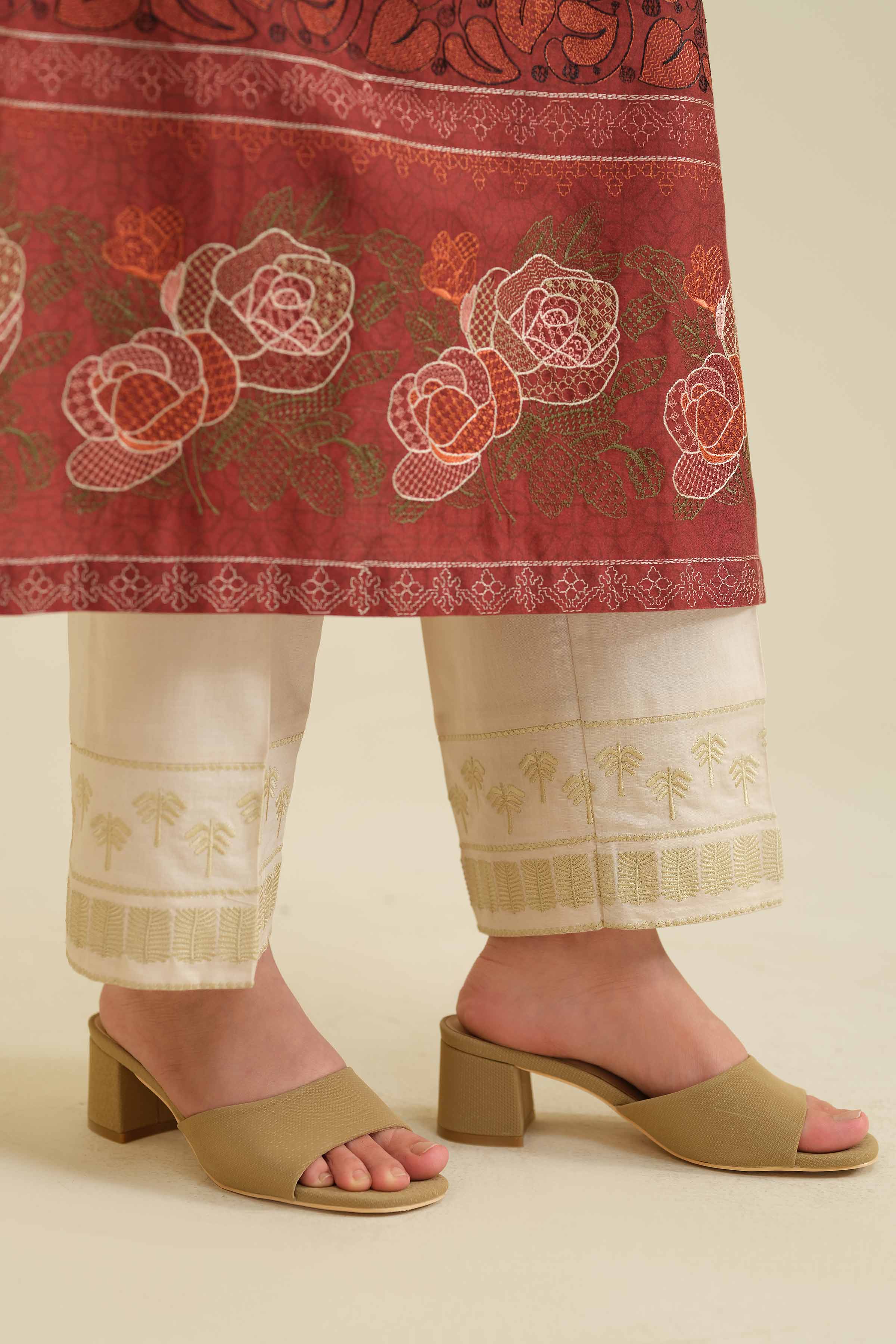 Embroidered Trousers - PW25-104 READY TO WEAR Beige Cambric 1PC Embroidered