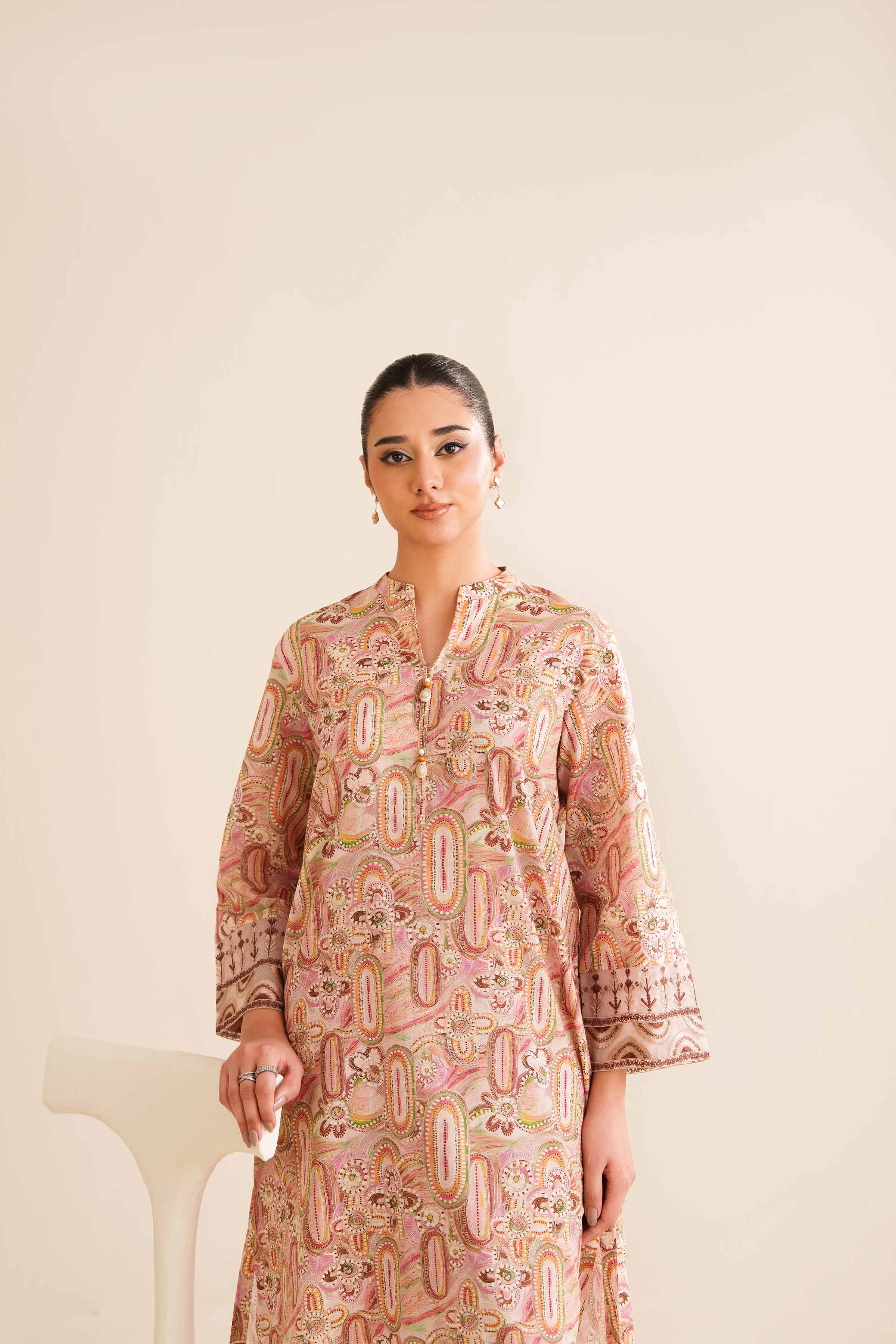 2 Piece - Printed Embroidered Suit - PW25-12 READY TO WEAR Pink Cambric 2PC Embroidered