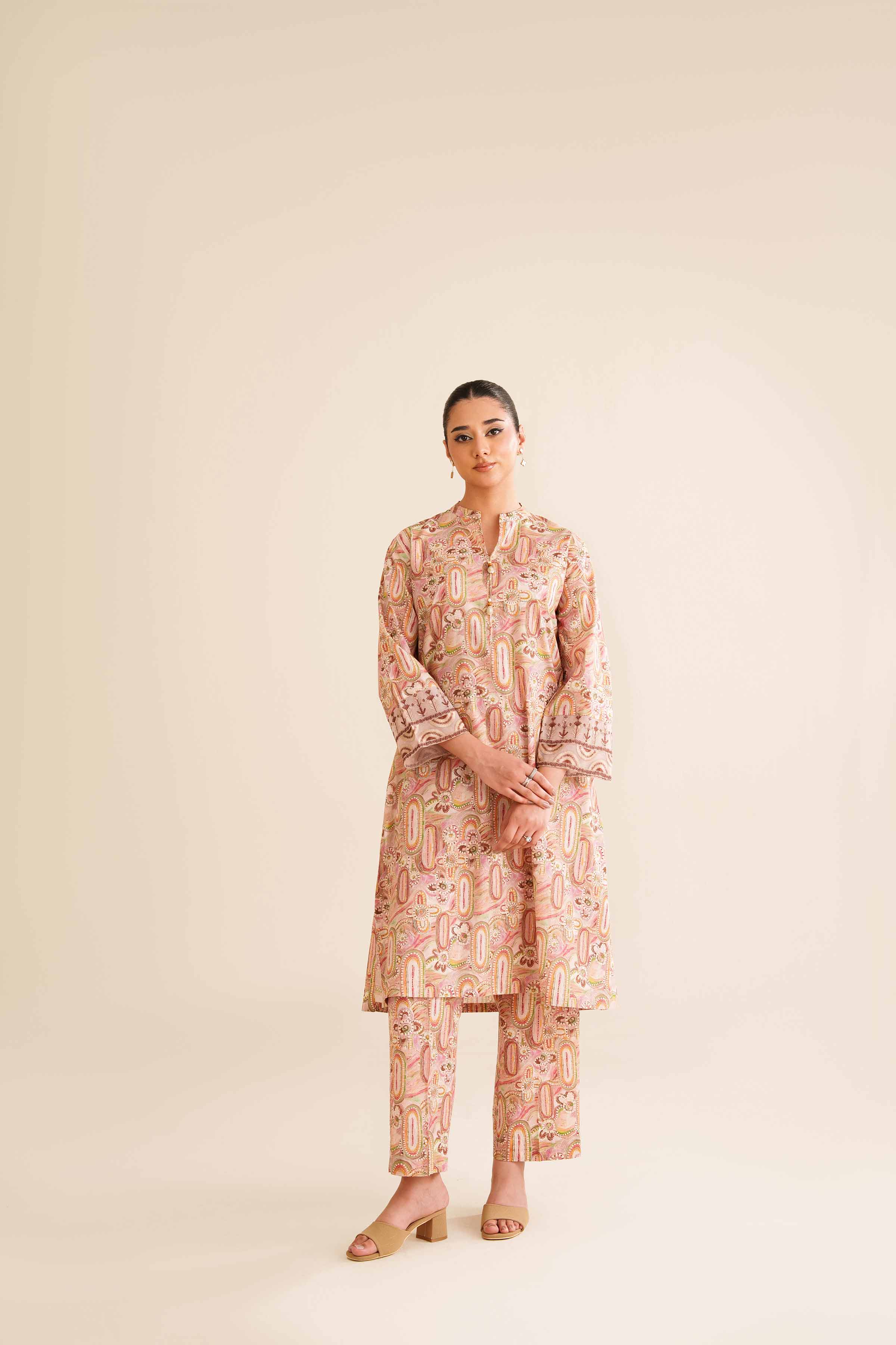 2 Piece - Printed Embroidered Suit - PW25-12 READY TO WEAR Pink Cambric 2PC Embroidered