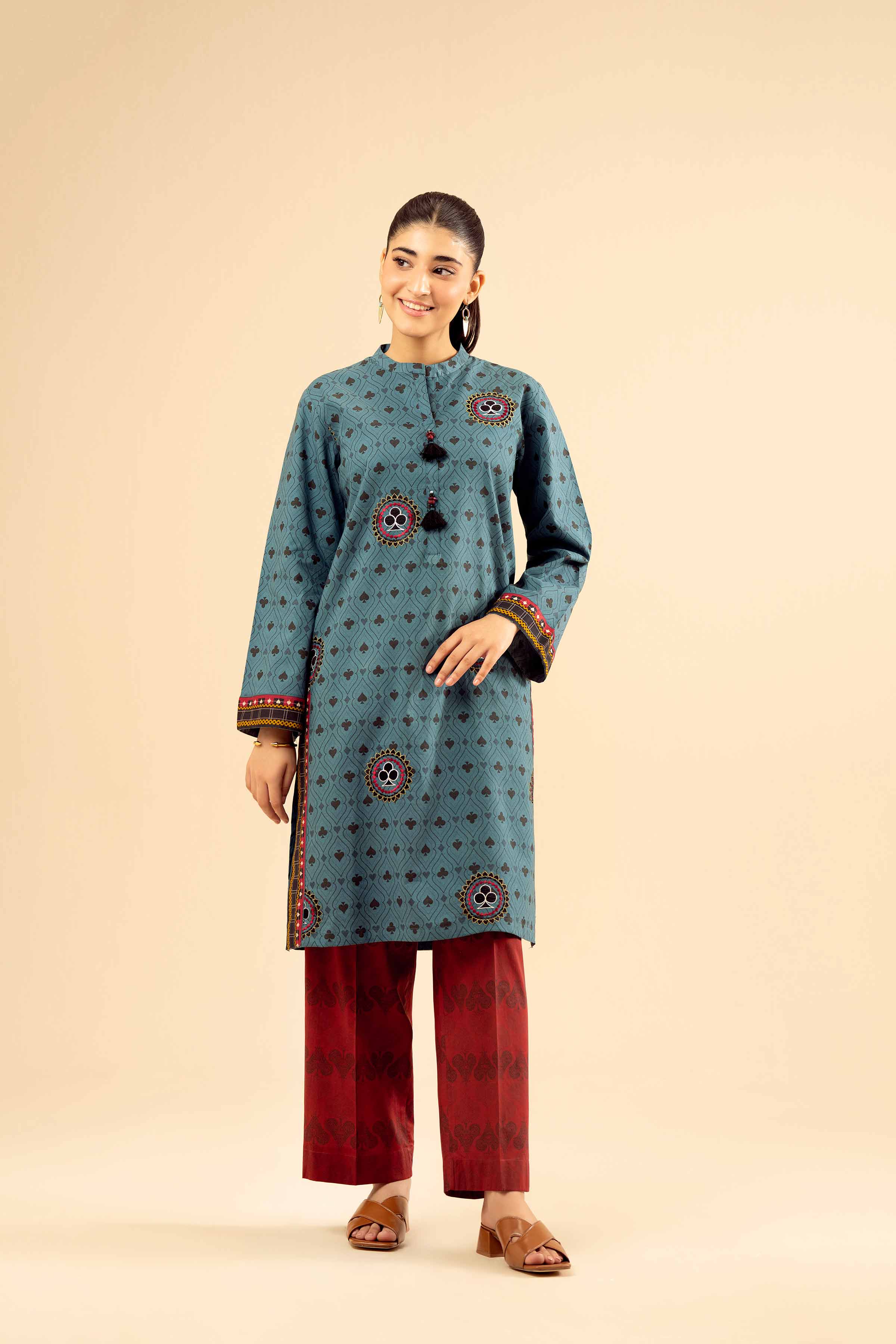 2 Piece - Printed Embroidered Suit - PW25-13 READY TO WEAR Green Cambric 2PC Embroidered