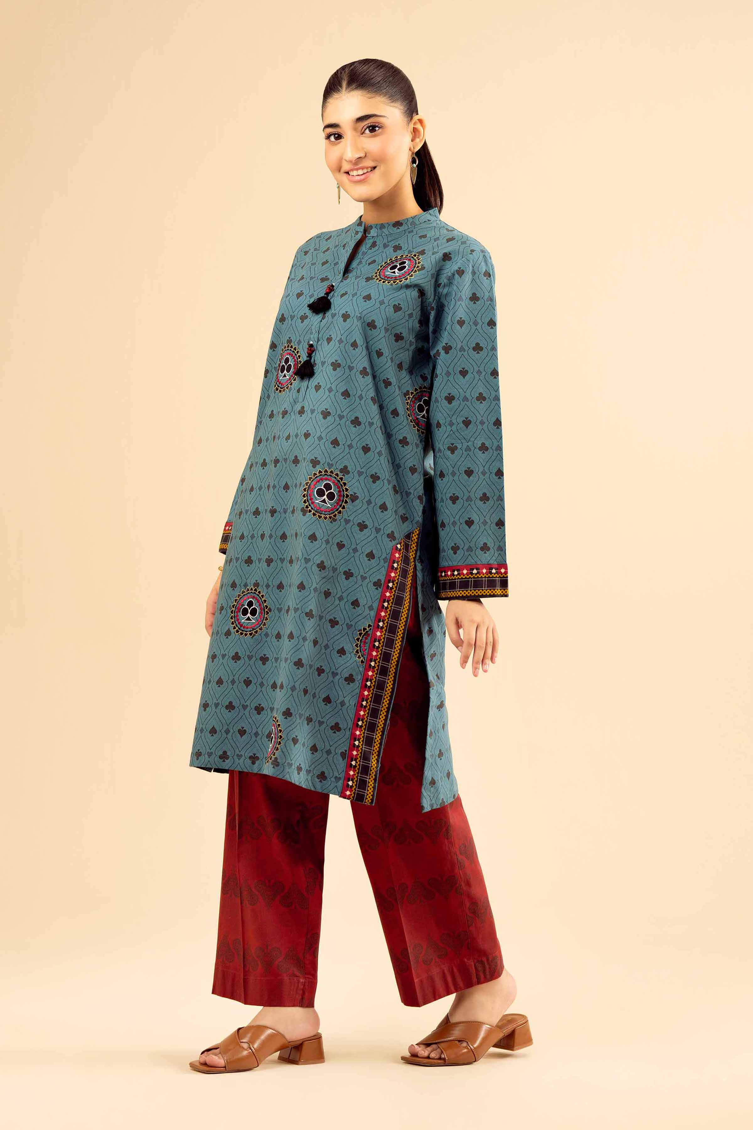 2 Piece - Printed Embroidered Suit - PW25-13 READY TO WEAR Green Cambric 2PC Embroidered