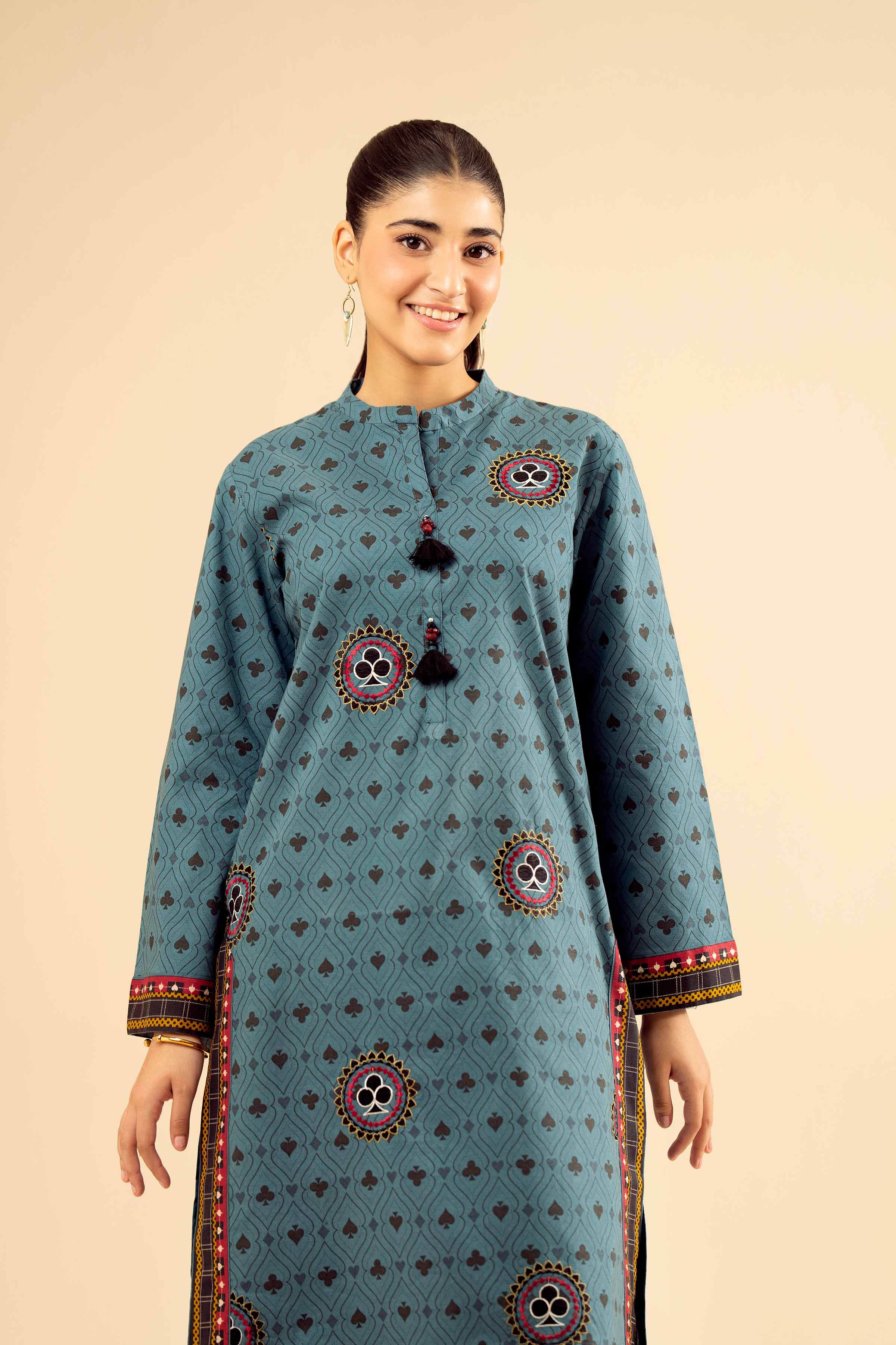 2 Piece - Printed Embroidered Suit - PW25-13 READY TO WEAR Green Cambric 2PC Embroidered