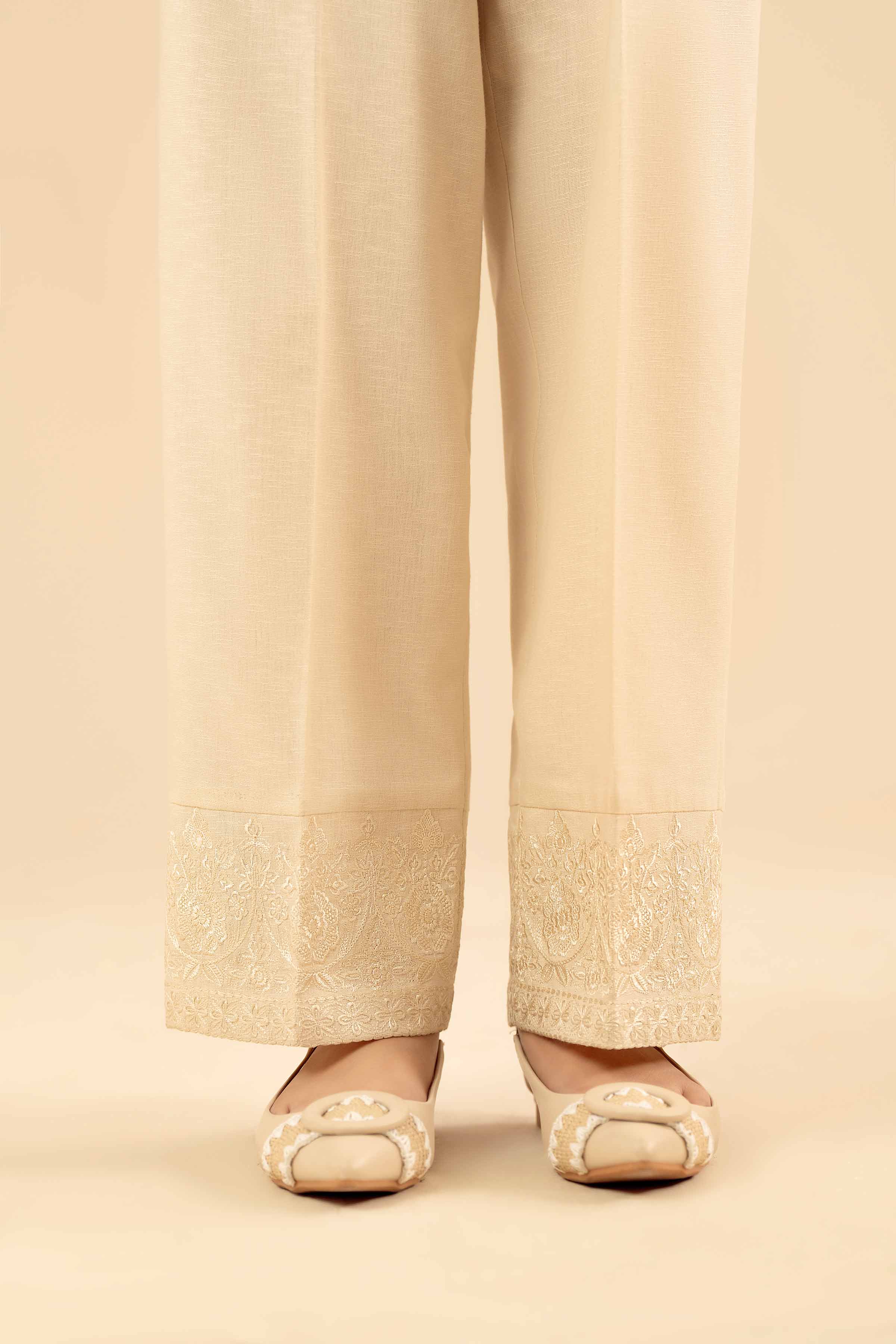 Embroidered Trousers - PW25-143 READY TO WEAR White Karandi 1PC Embroidered
