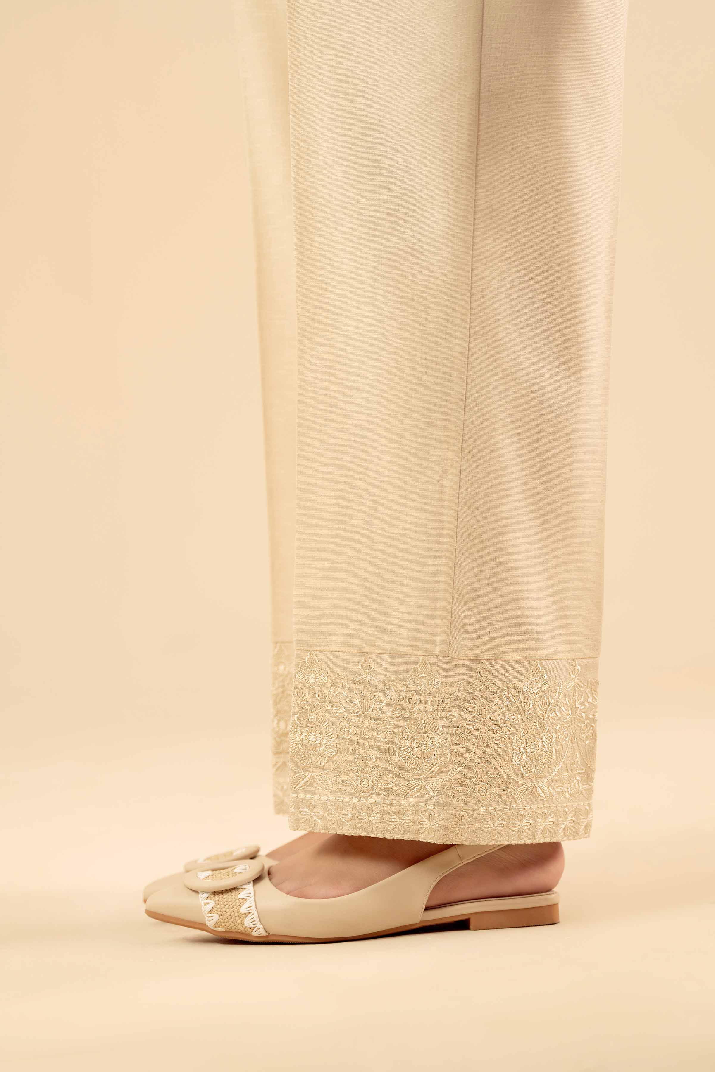 Embroidered Trousers - PW25-143 READY TO WEAR White Karandi 1PC Embroidered