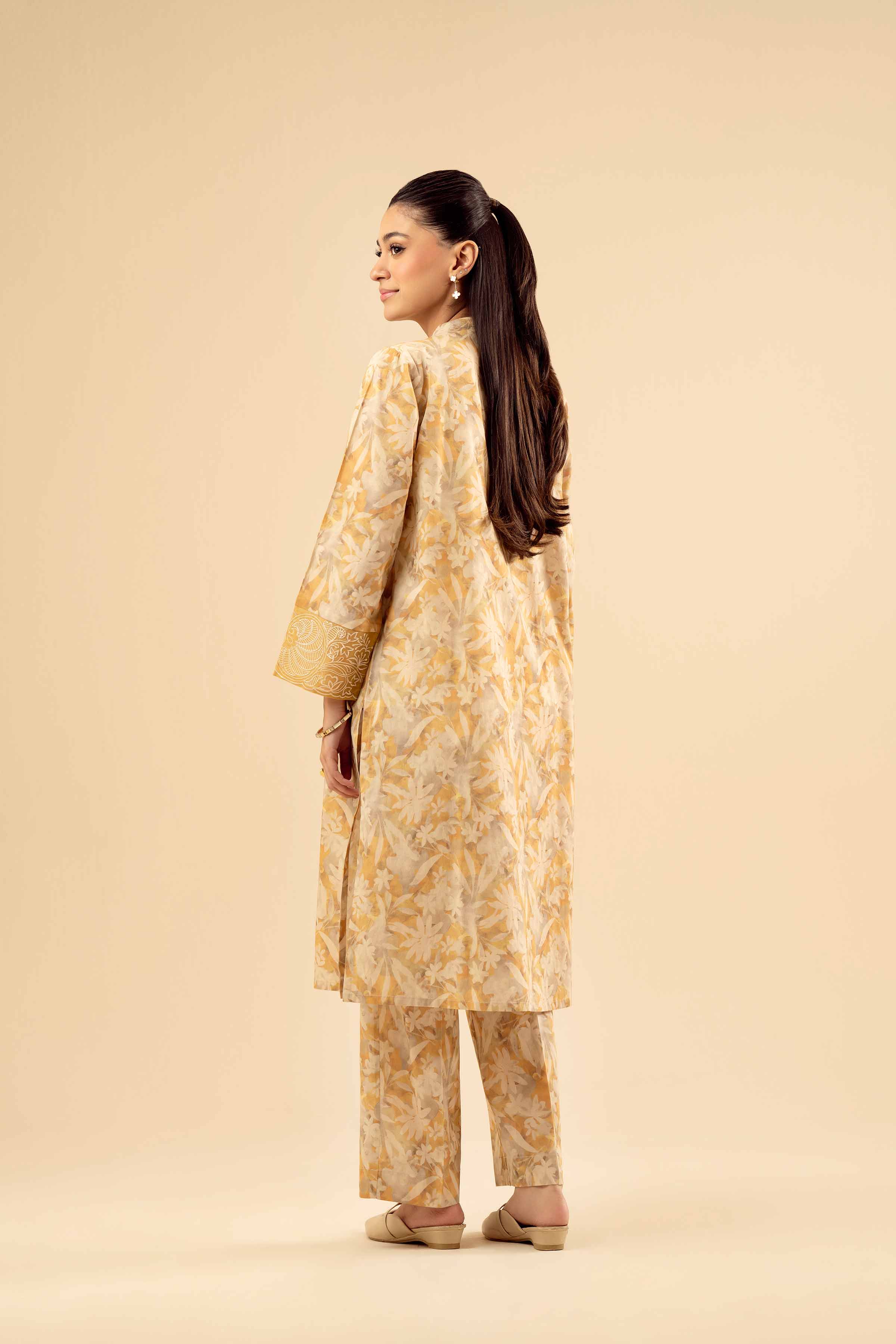 2 Piece - Printed Embroidered Suit - PW25-199 READY TO WEAR Beige Cambric 2PC Embroidered