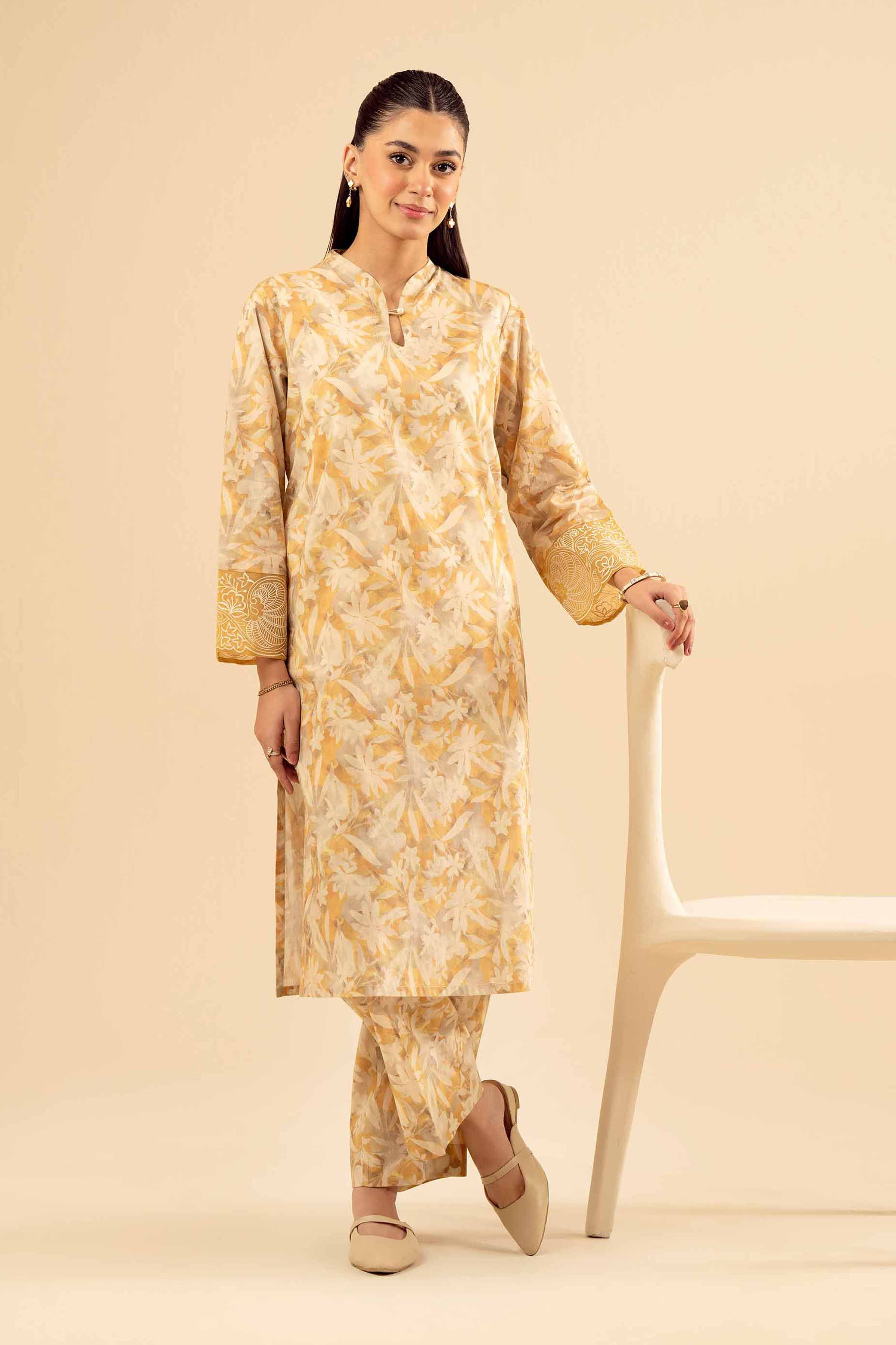 2 Piece - Printed Embroidered Suit - PW25-199 READY TO WEAR Beige Cambric 2PC Embroidered
