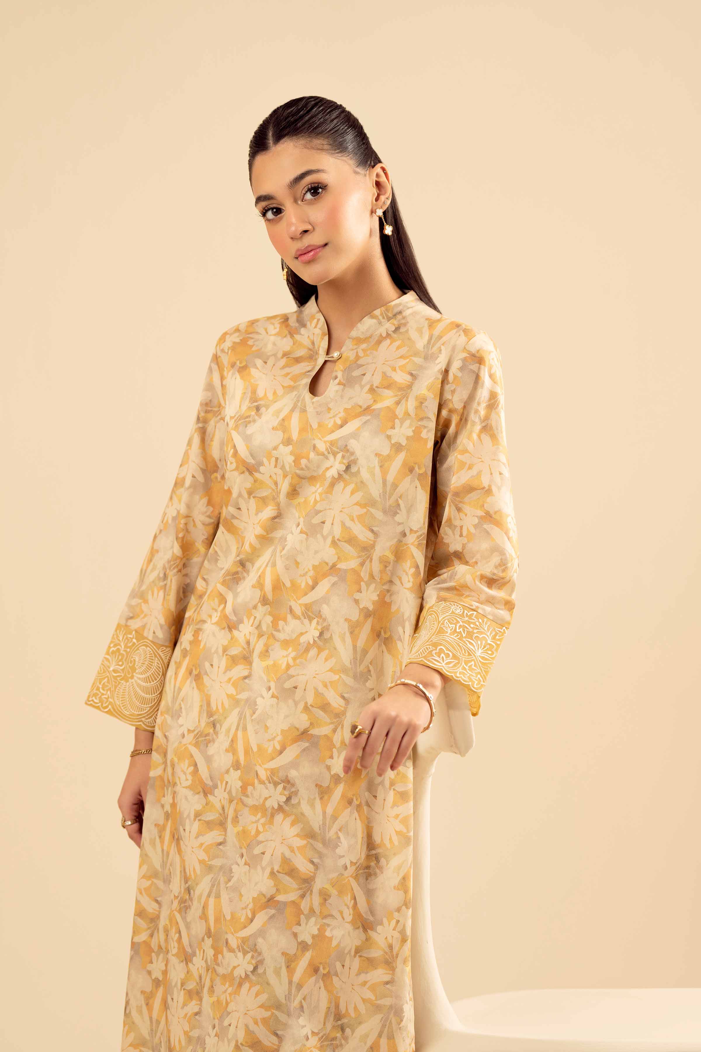 2 Piece - Printed Embroidered Suit - PW25-199 READY TO WEAR Beige Cambric 2PC Embroidered