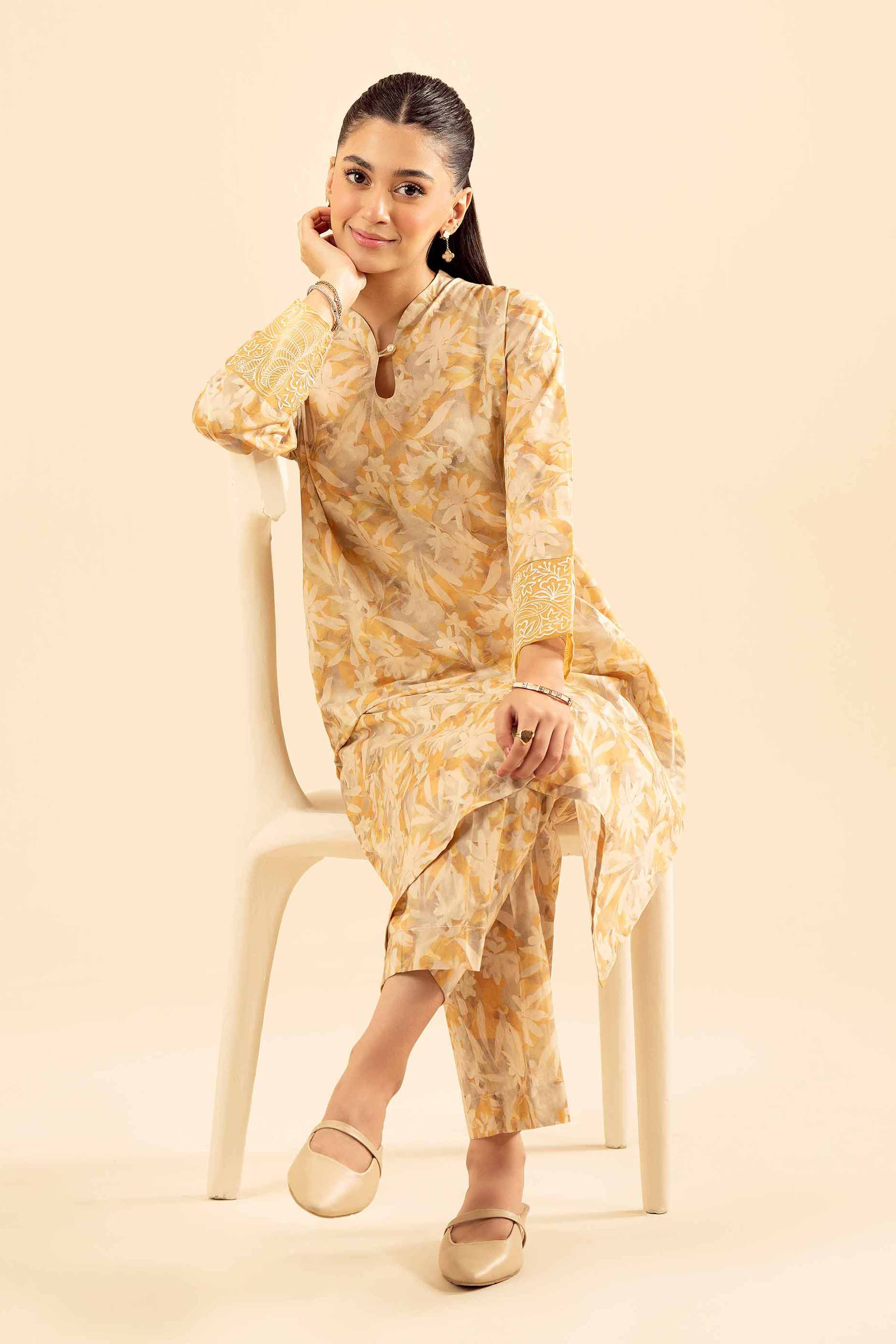 2 Piece - Printed Embroidered Suit - PW25-199 READY TO WEAR Beige Cambric 2PC Embroidered
