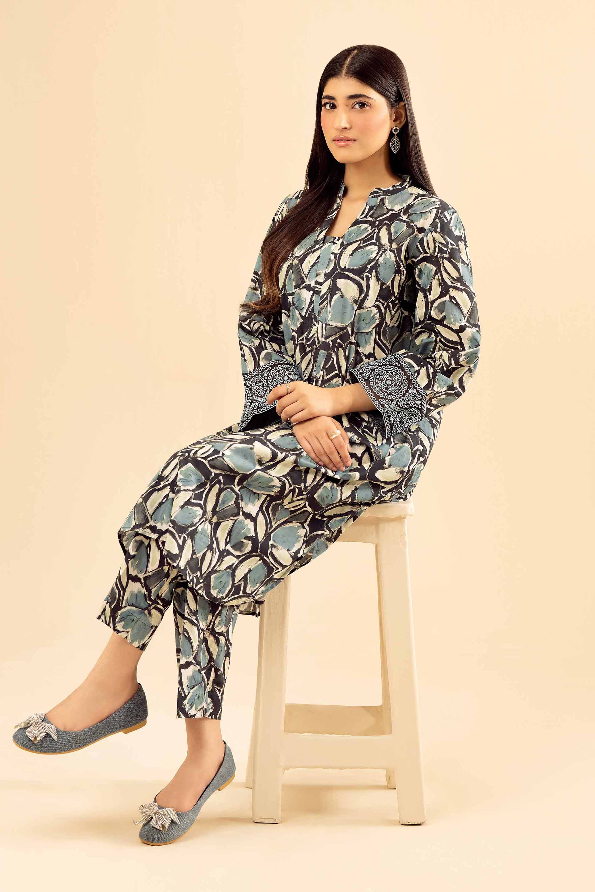2 Piece - Printed Embroidered Suit - PW25-20 READY TO WEAR Black Cambric 2PC Embroidered