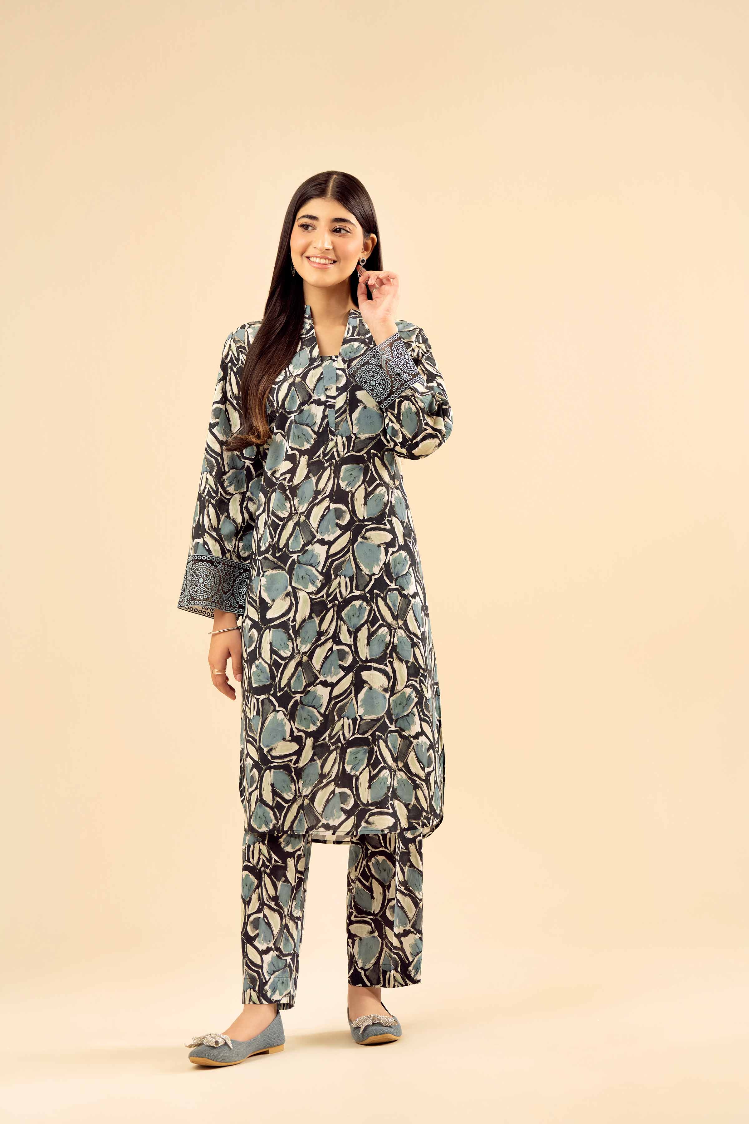 2 Piece - Printed Embroidered Suit - PW25-20 READY TO WEAR Black Cambric 2PC Embroidered