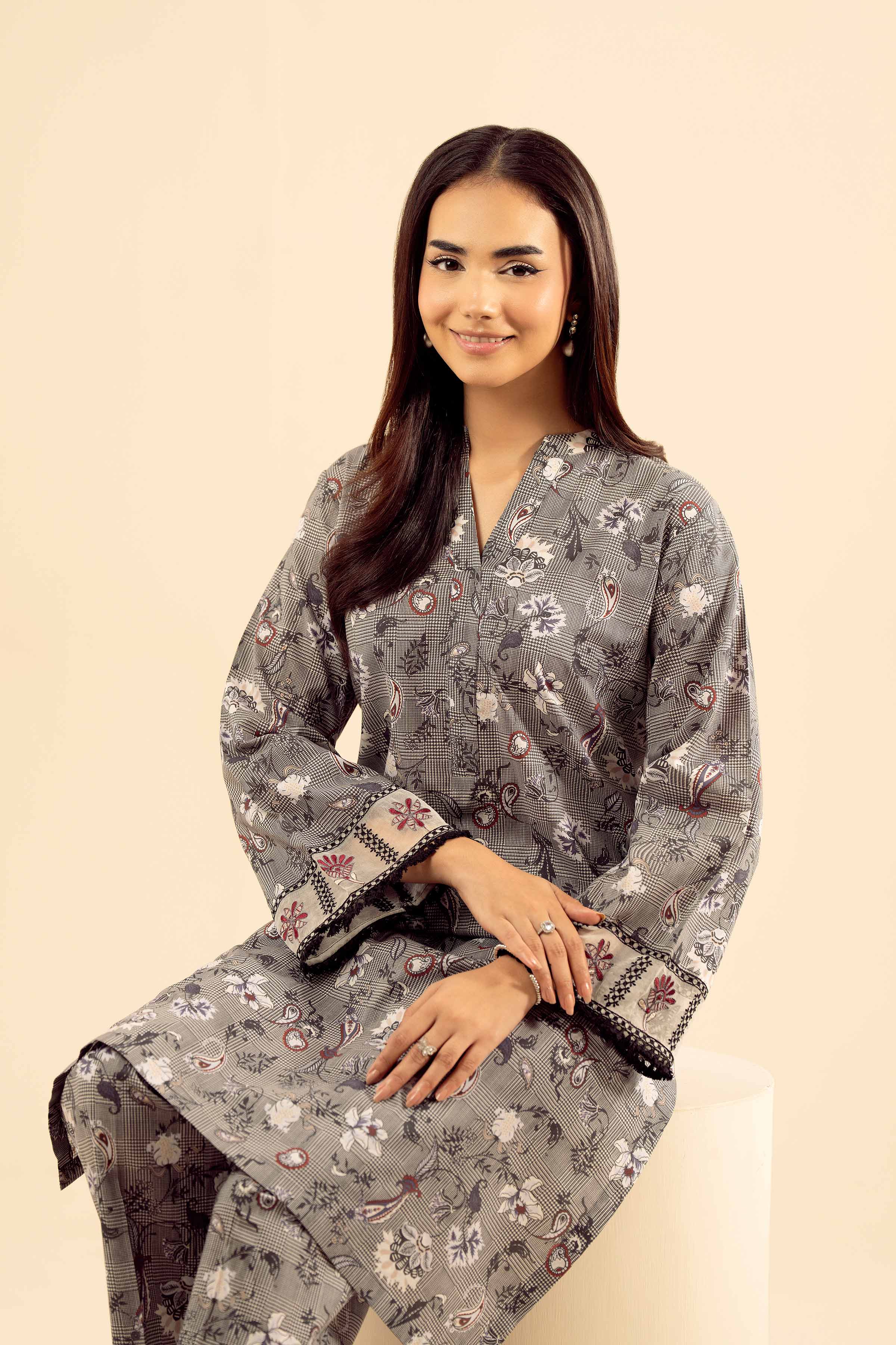 2 Piece - Printed Embroidered Suit - PW25-201 READY TO WEAR Grey Cambric 2PC Embroidered