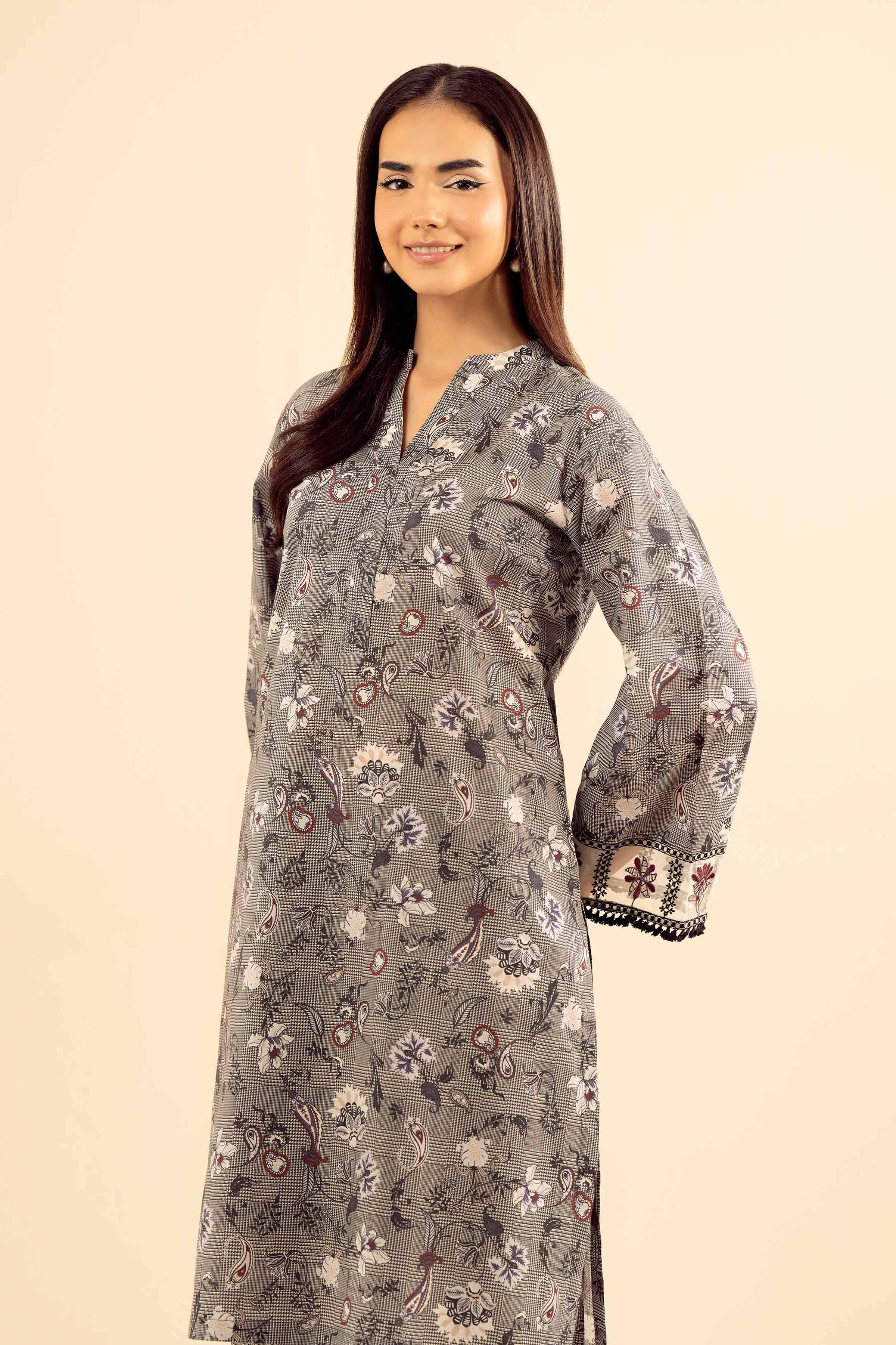 2 Piece - Printed Embroidered Suit - PW25-201 READY TO WEAR Grey Cambric 2PC Embroidered