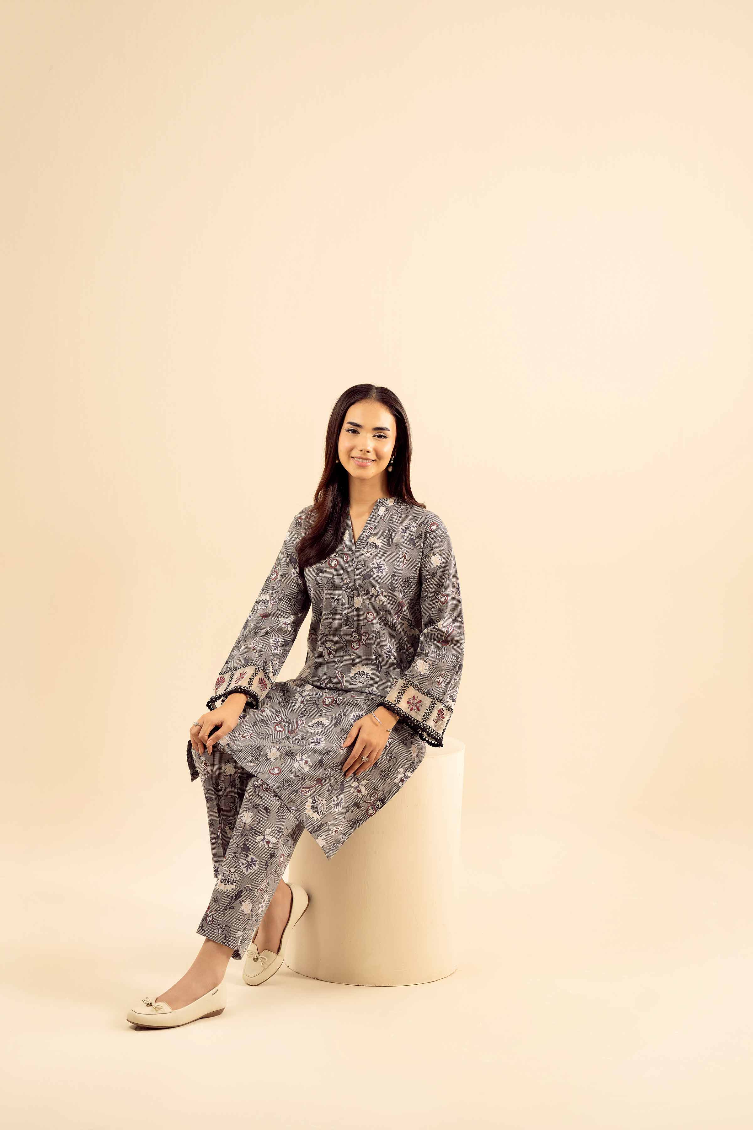 2 Piece - Printed Embroidered Suit - PW25-201 READY TO WEAR Grey Cambric 2PC Embroidered