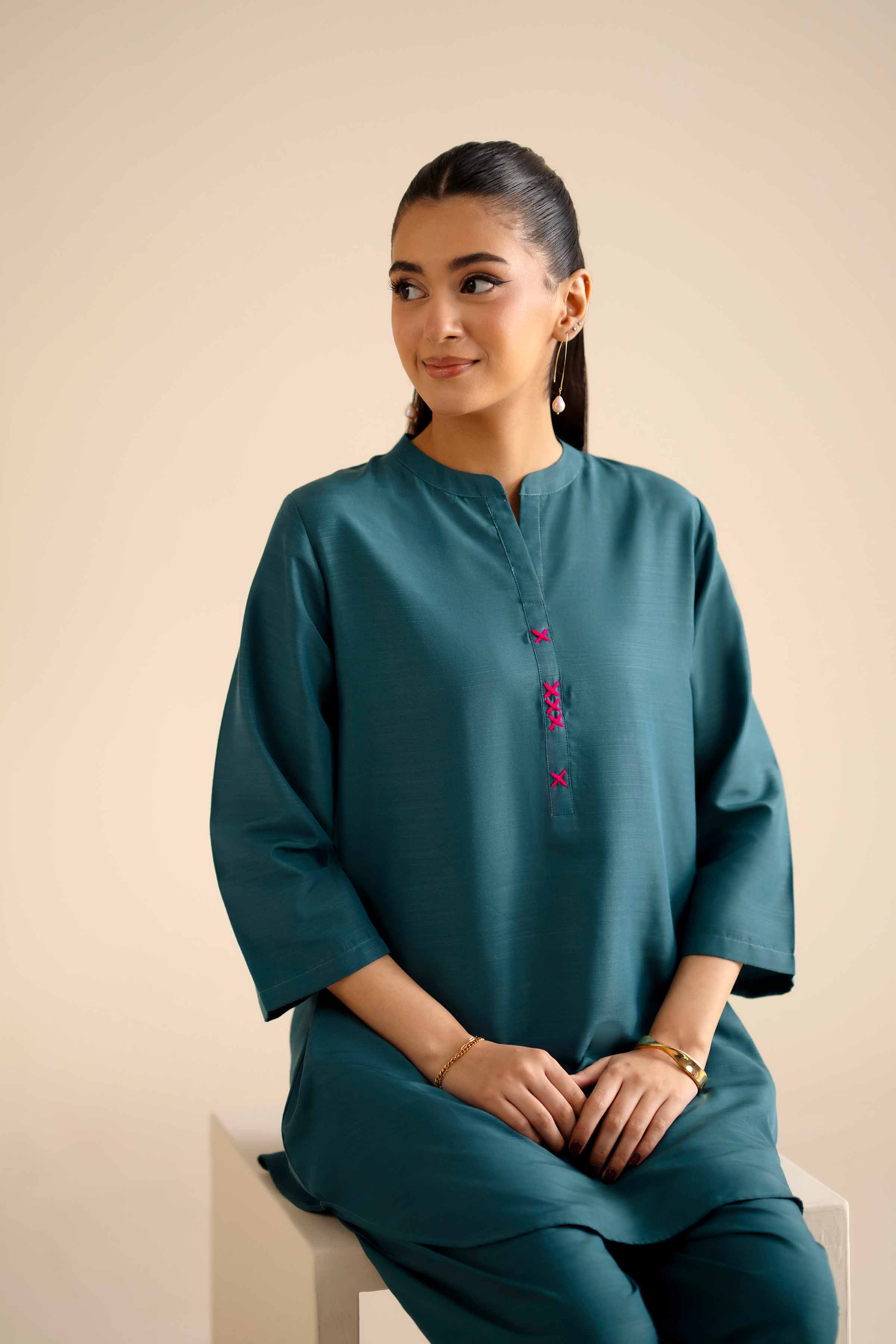 2 Piece - Basic Suit - PW25-251 READY TO WEAR Green Silk 2PC Solids