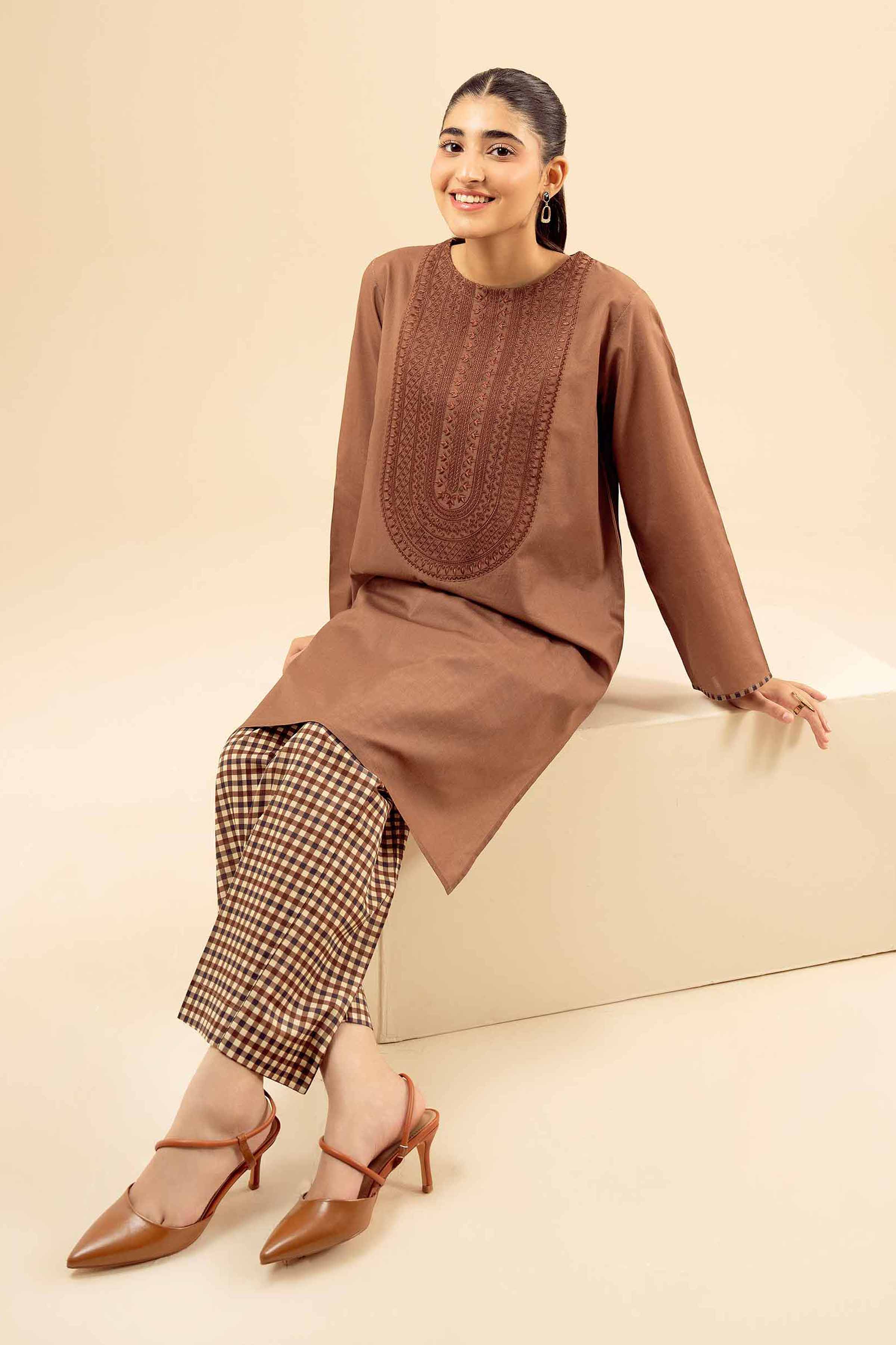 2 Piece - Embroidered Suit - PW25-26 READY TO WEAR Brown Cambric 2 Pieces Embroidered
