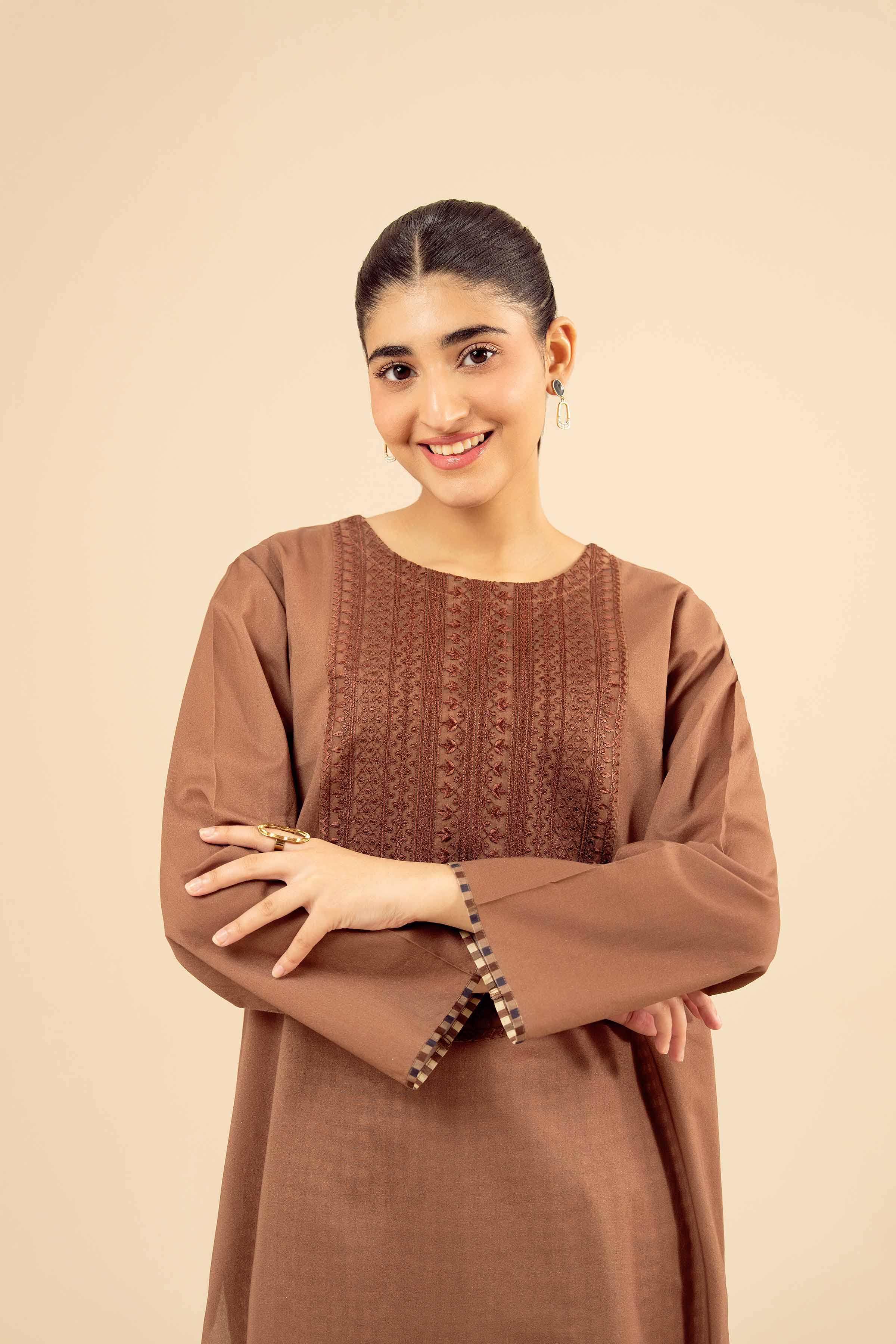 2 Piece - Embroidered Suit - PW25-26 READY TO WEAR Brown Cambric 2 Pieces Embroidered
