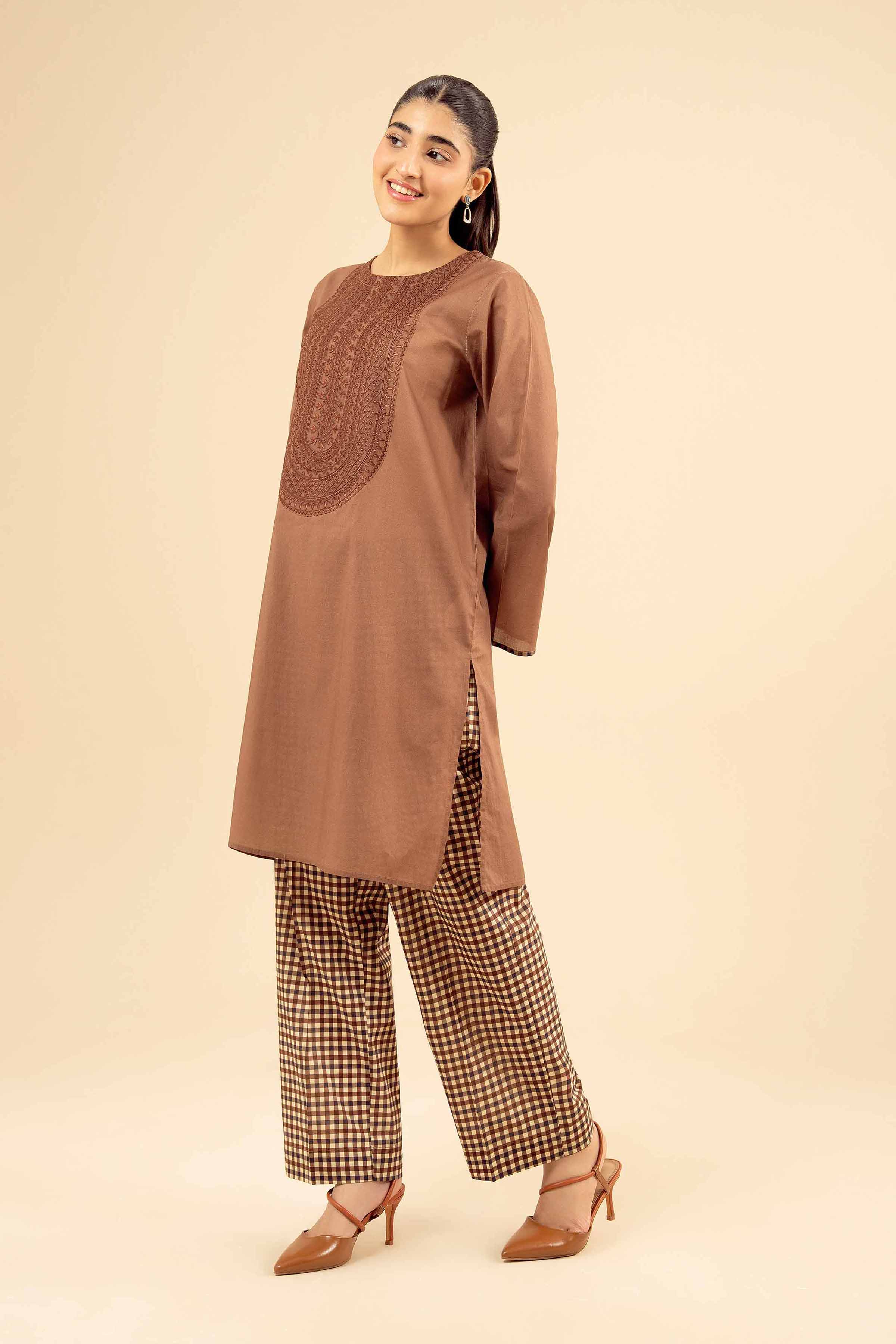 2 Piece - Embroidered Suit - PW25-26 READY TO WEAR Brown Cambric 2 Pieces Embroidered