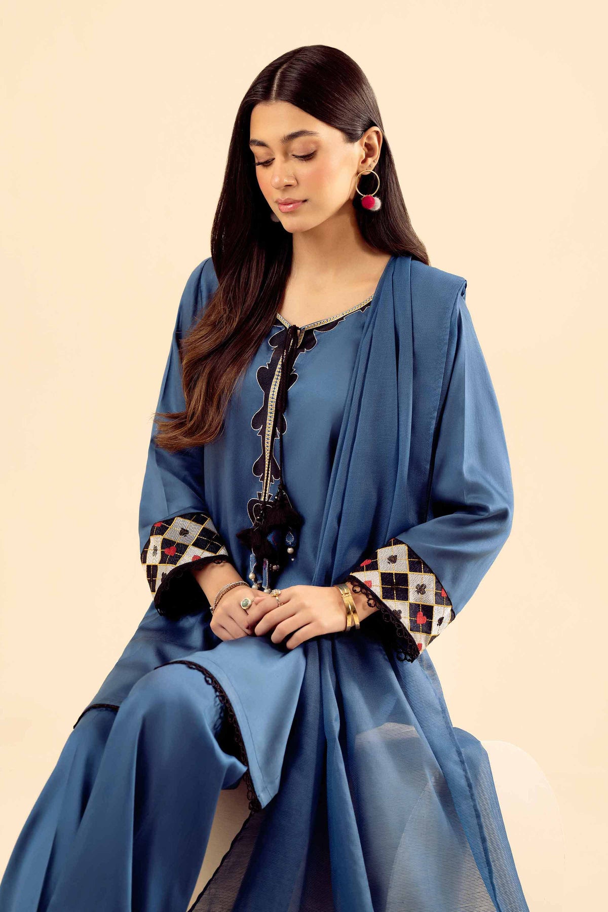 3 Piece - Basic Suit - PW25-27 Blue Satin 3PC Solids Nishat Australia