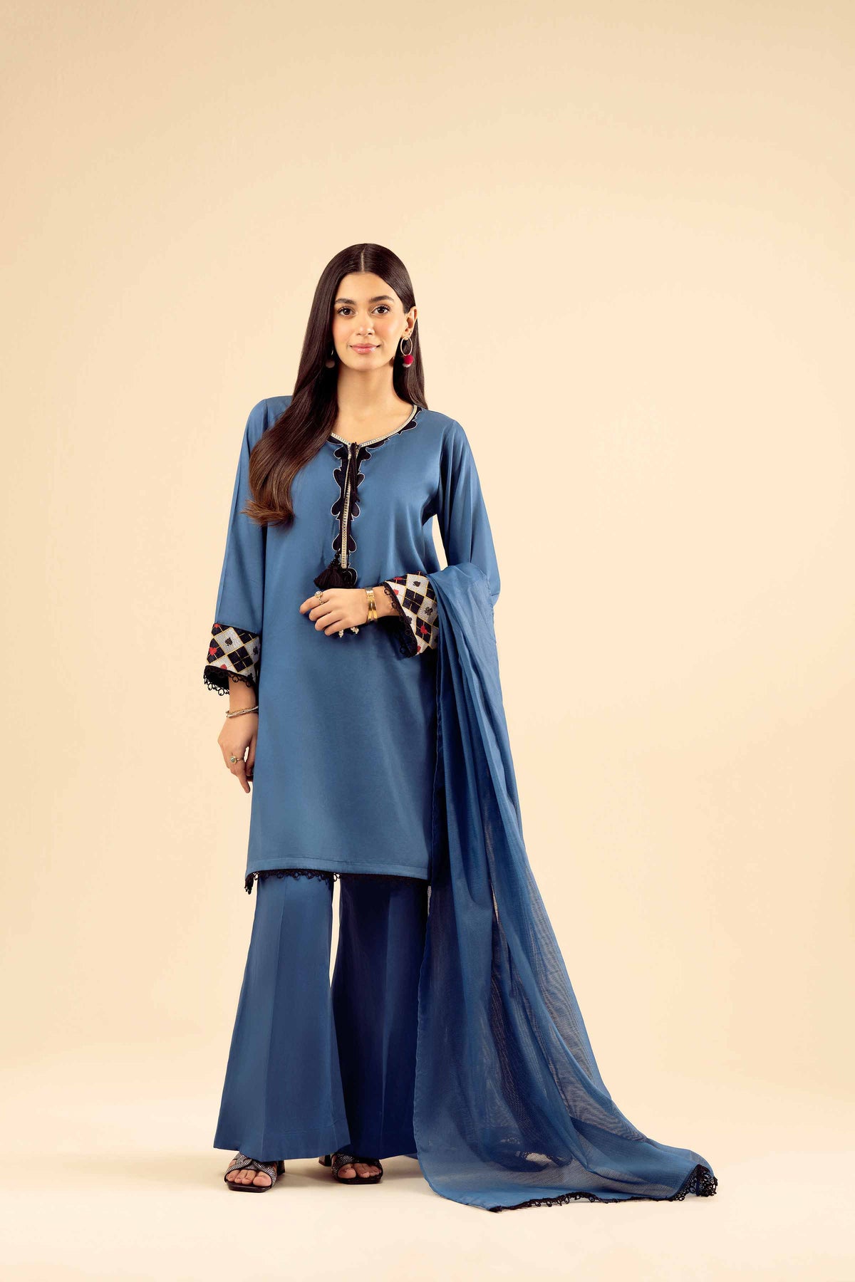 3 Piece - Basic Suit - PW25-27 Blue Satin 3PC Solids Nishat Australia