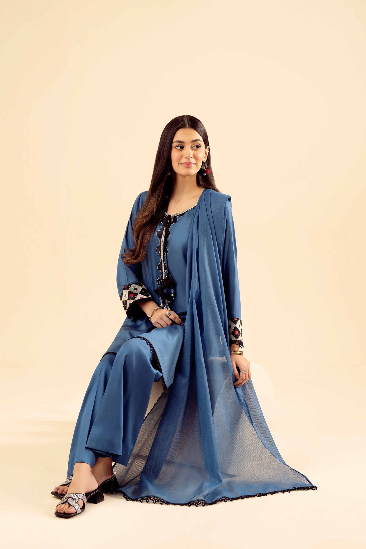 3 Piece - Basic Suit - PW25-27 Blue Satin 3PC Solids Nishat Australia