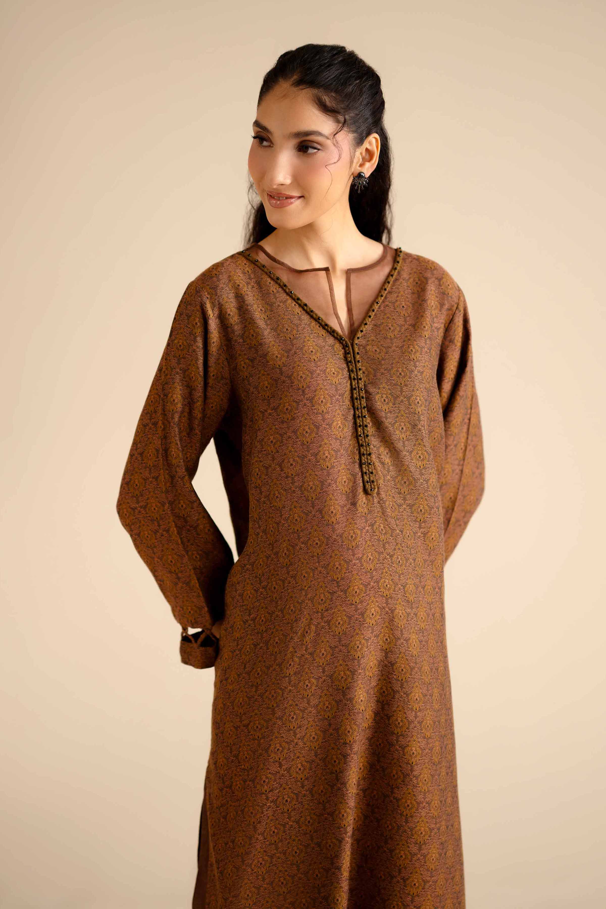 2 Piece - Printed Suit - PW25-277 READY TO WEAR Brown Jacquard 2 Pieces Printed