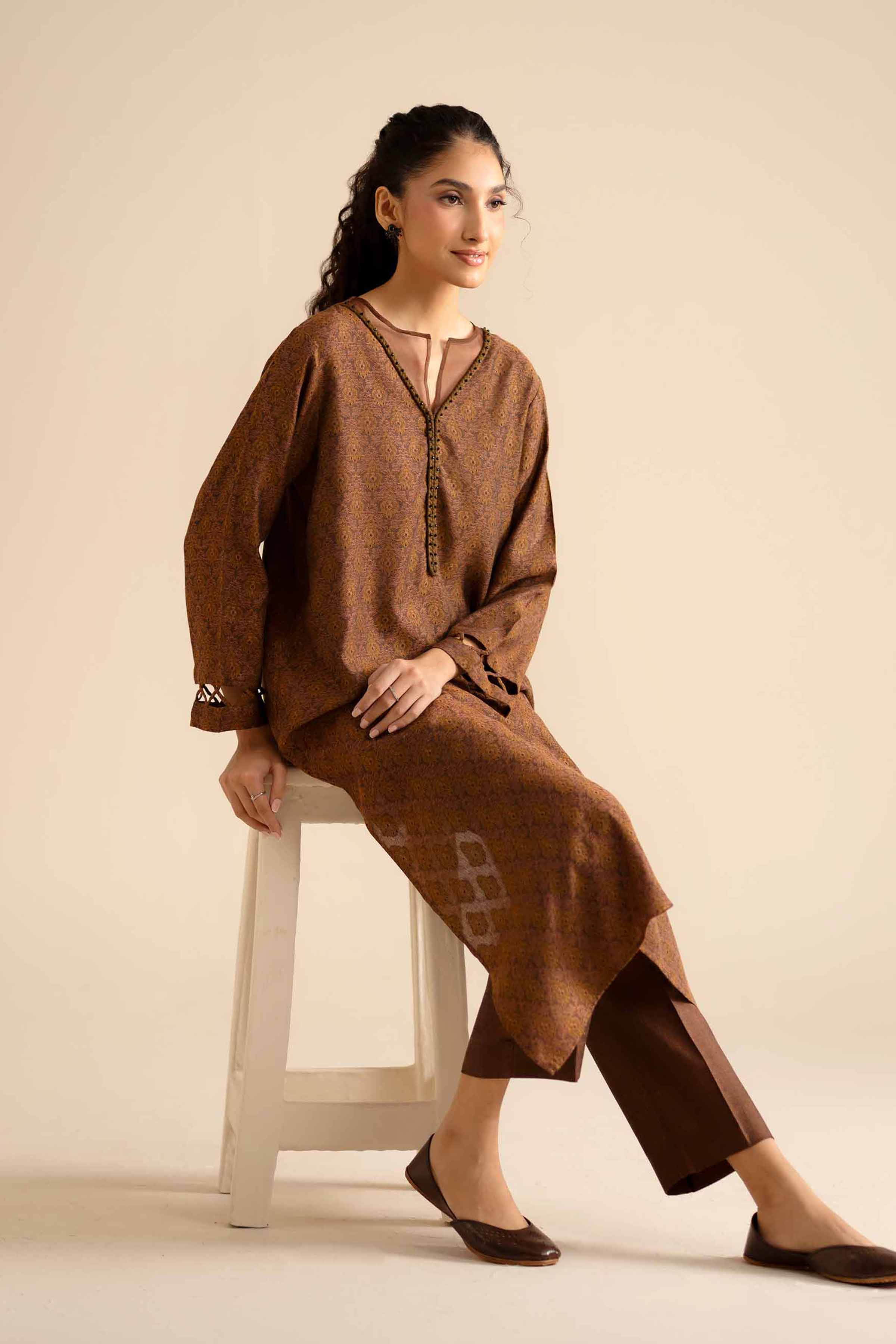 2 Piece - Printed Suit - PW25-277 READY TO WEAR Brown Jacquard 2 Pieces Printed
