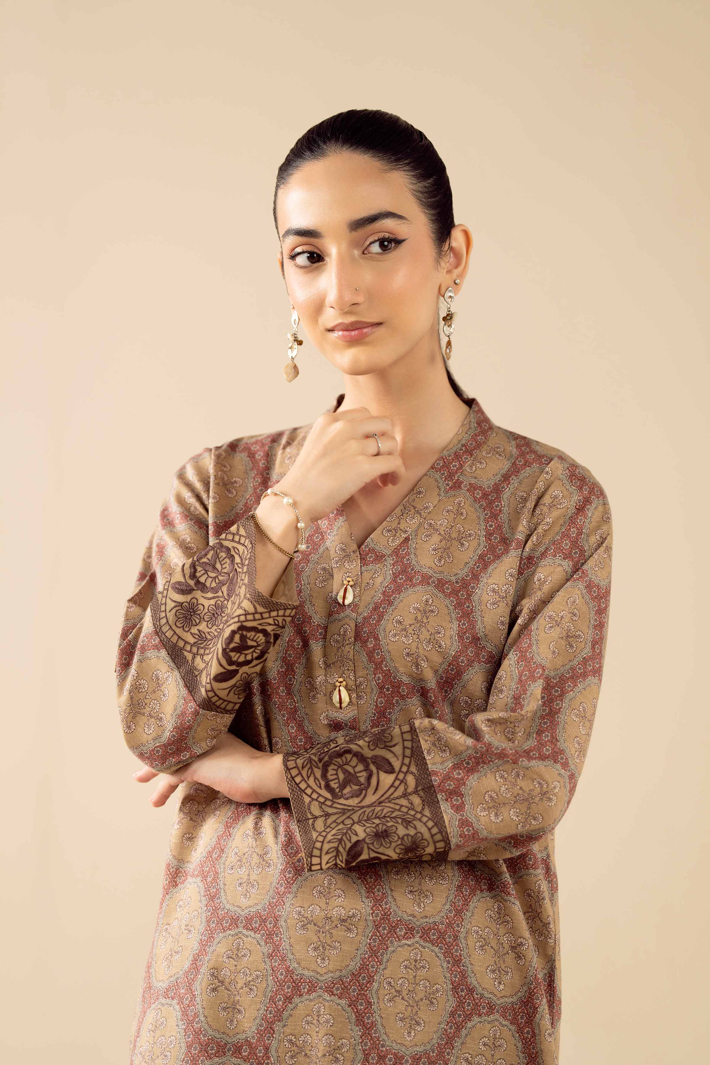 2 Piece - Printed Suit - PW25-289 READY TO WEAR Brown Karandi 2PC Embroidered