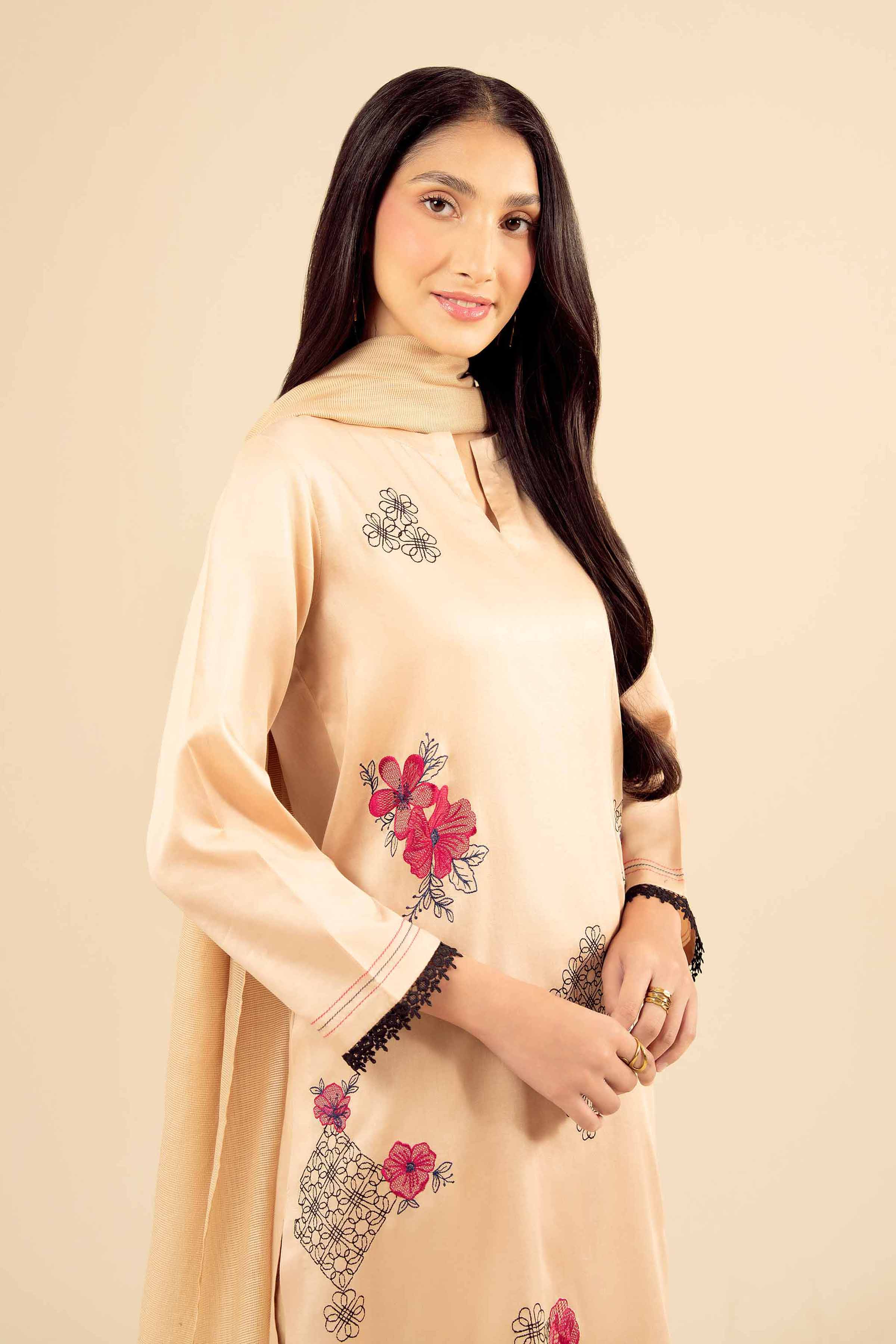 3 Piece - Embroidered Suit - PW25-29 READY TO WEAR Yellow Sateen 3PC Embroidered