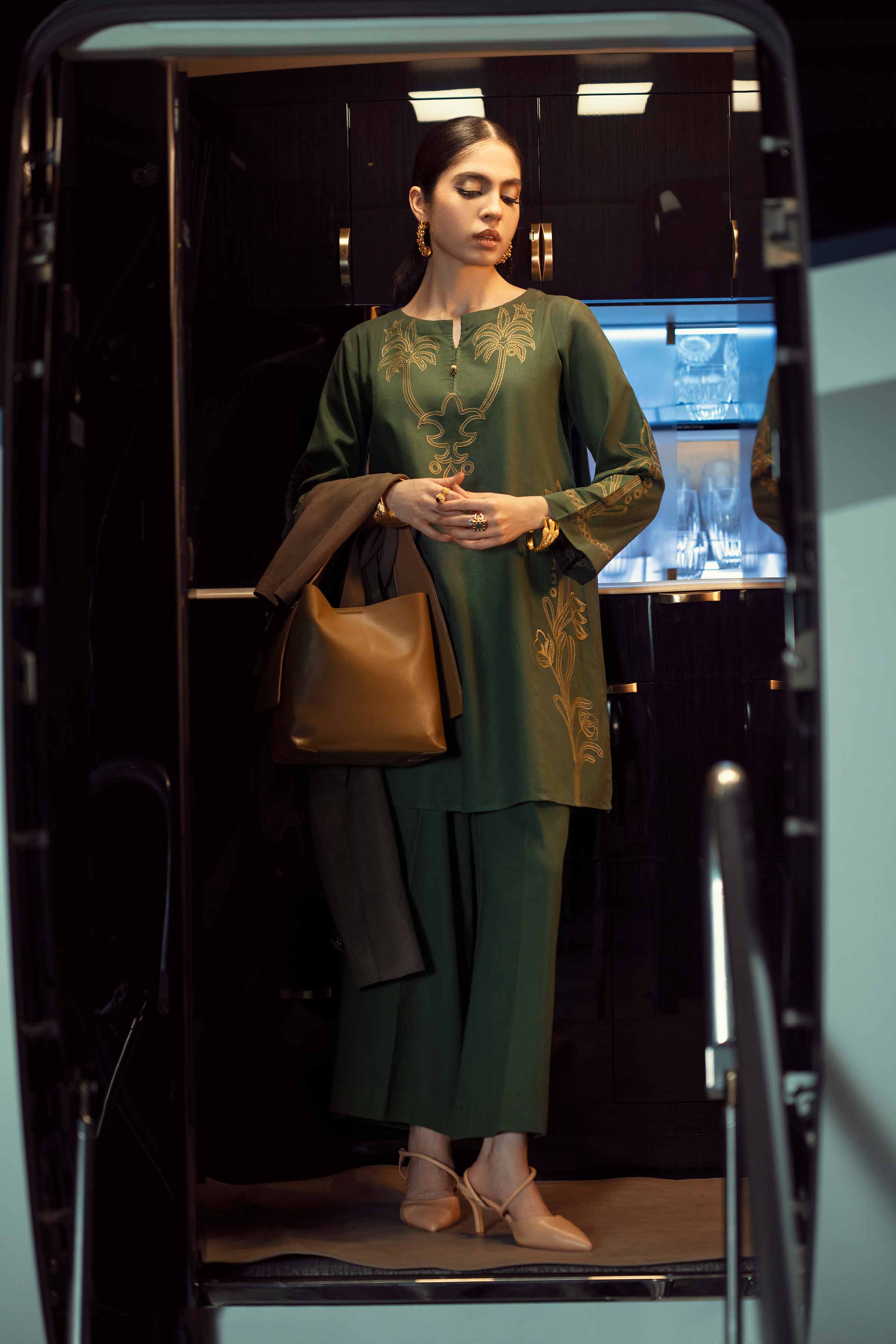 2 Piece - Embroidered Suit - PW25-298 READY TO WEAR Green Cotton 2 Pieces Embroidered