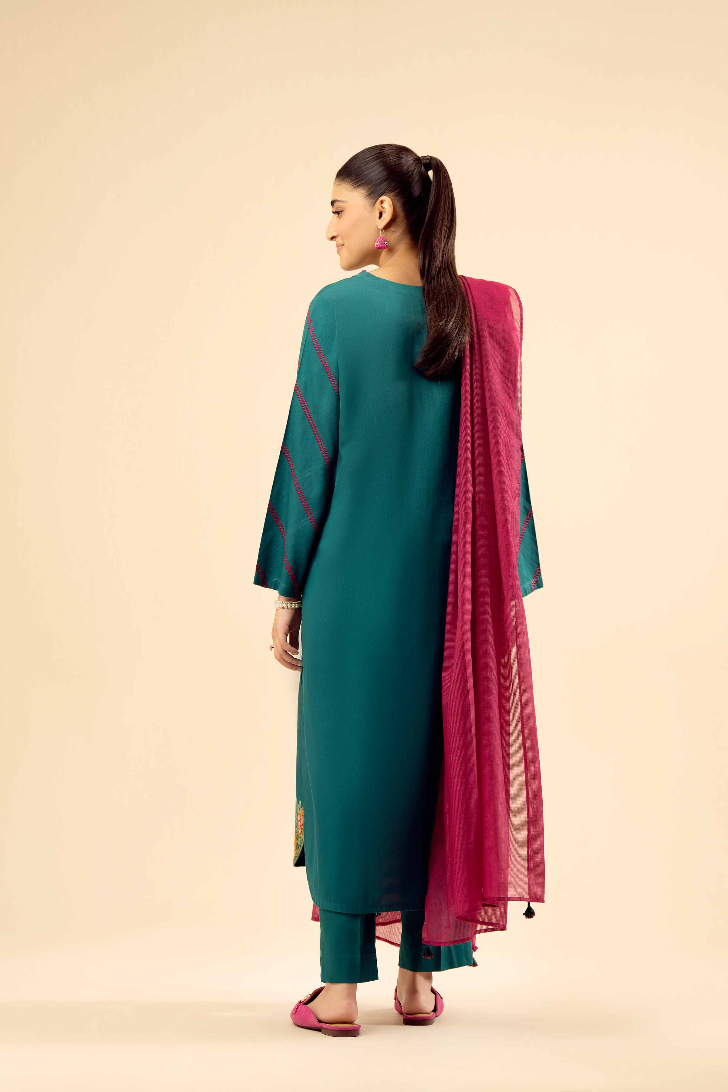 3 Piece - Embroidered Suit - PW25-30 READY TO WEAR Green Sateen 3PC Embroidered