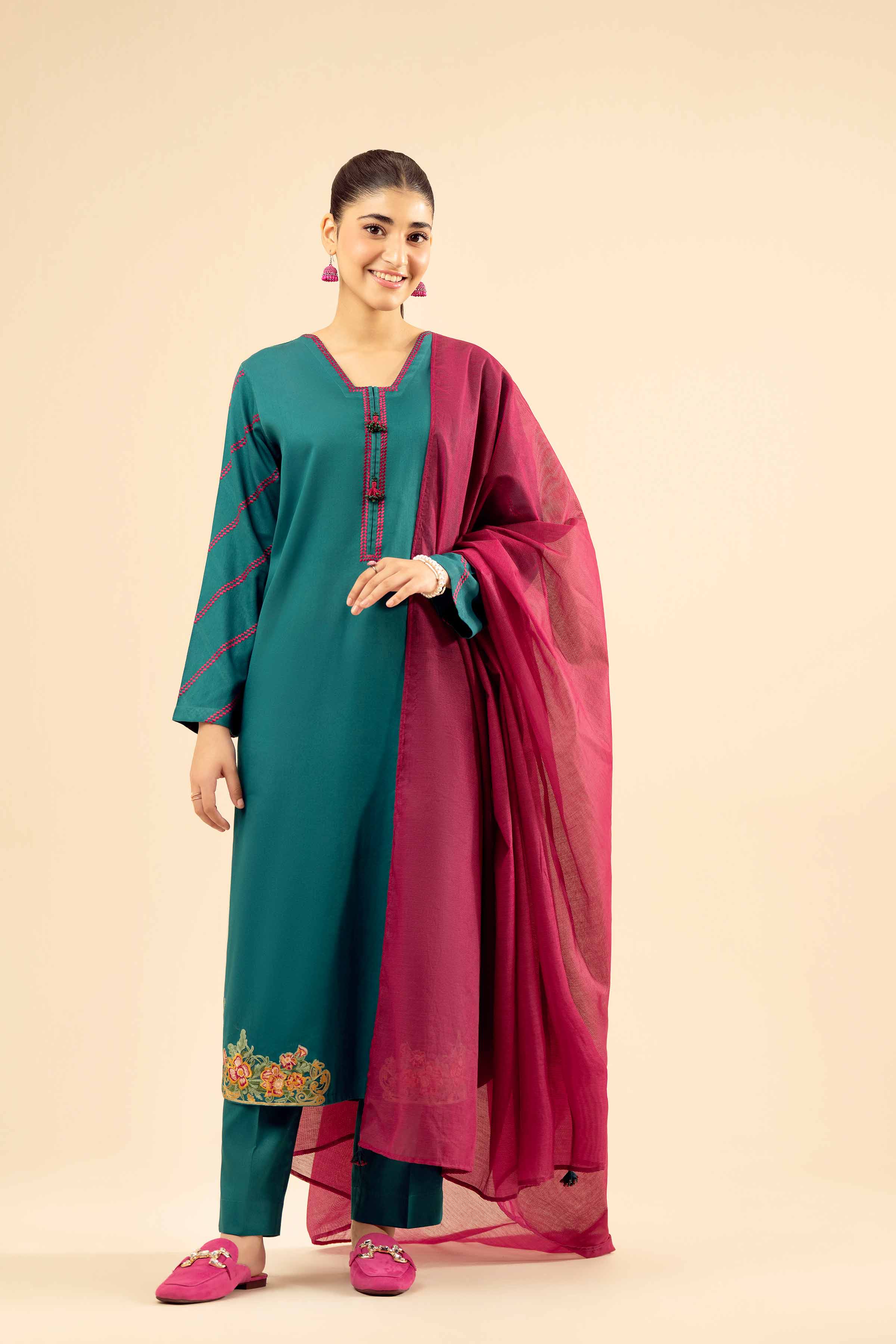3 Piece - Embroidered Suit - PW25-30 READY TO WEAR Green Sateen 3PC Embroidered