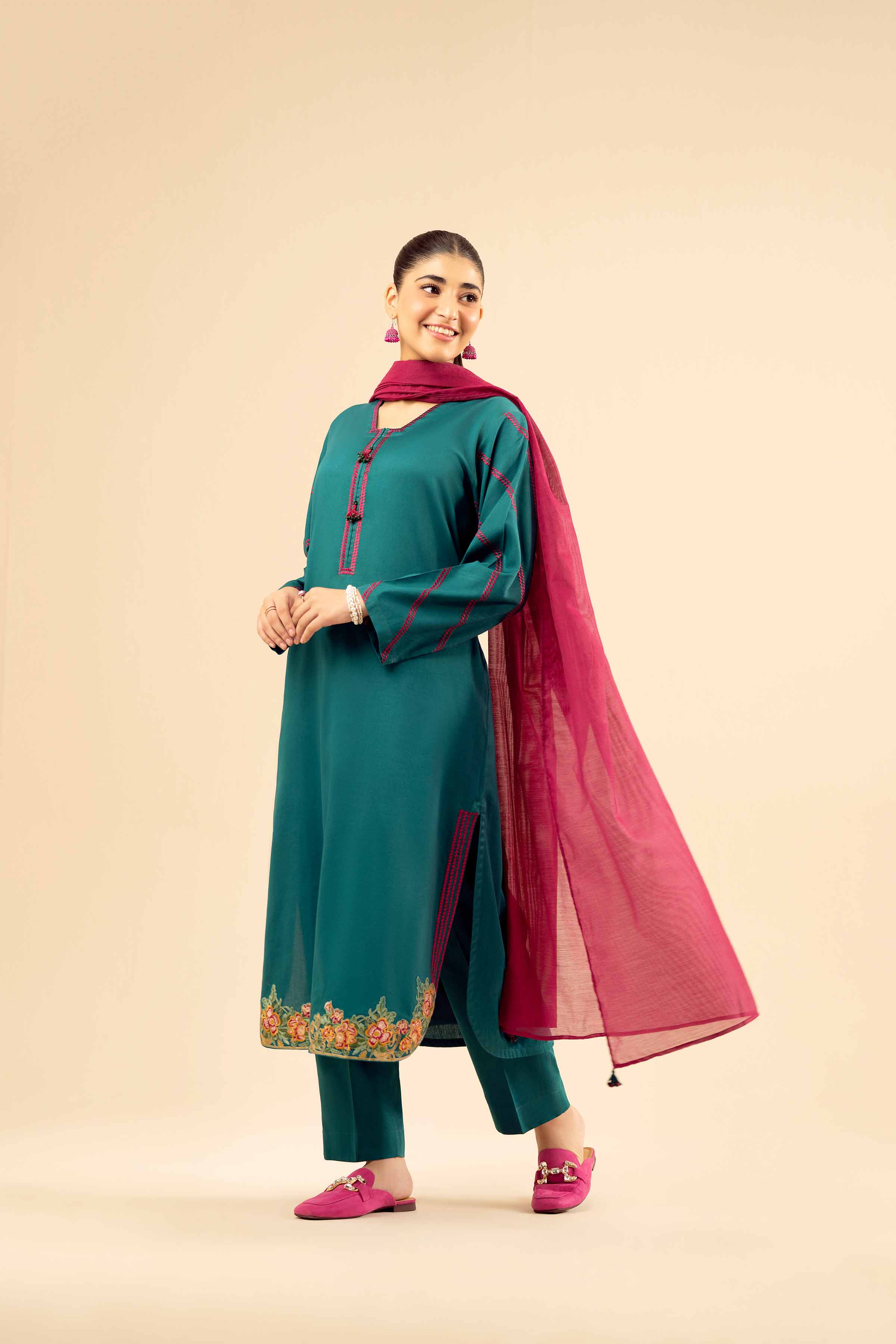 3 Piece - Embroidered Suit - PW25-30 READY TO WEAR Green Sateen 3PC Embroidered