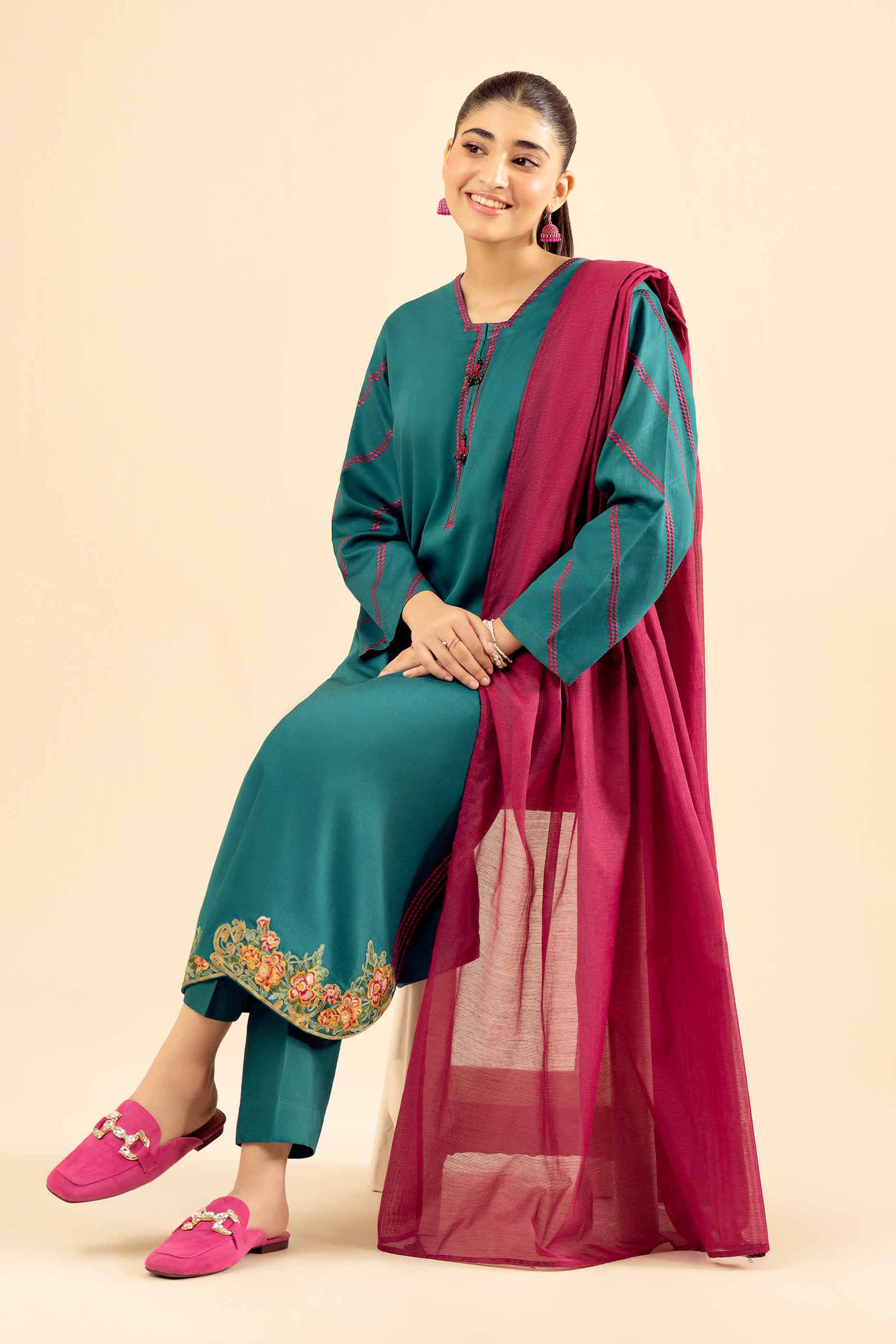 3 Piece - Embroidered Suit - PW25-30 READY TO WEAR Green Sateen 3PC Embroidered