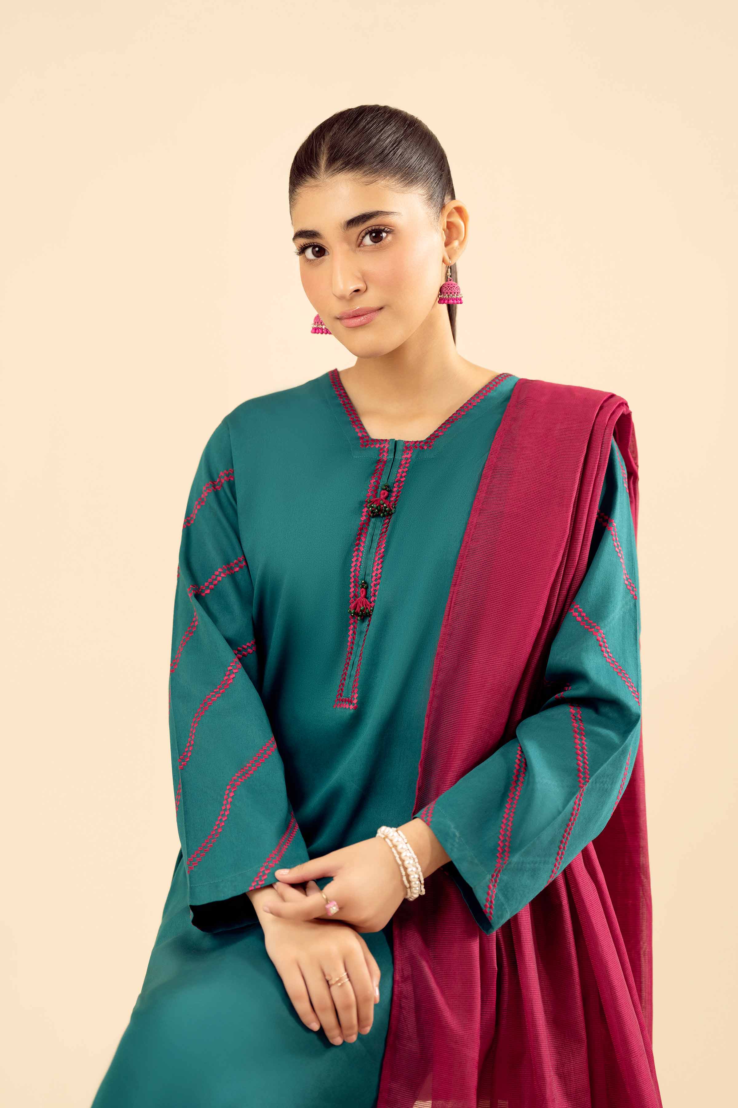 3 Piece - Embroidered Suit - PW25-30 READY TO WEAR Green Sateen 3PC Embroidered