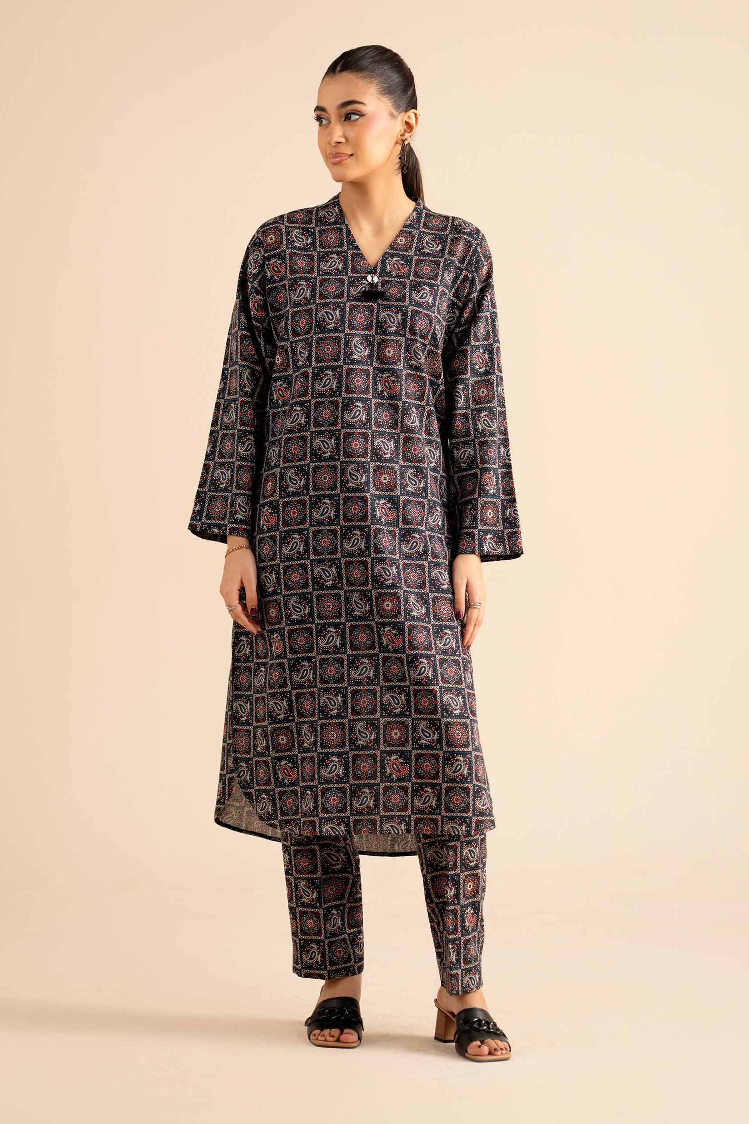 2 Piece - Printed Suit - PW25-302 READY TO WEAR Black Karandi 2PC Printed