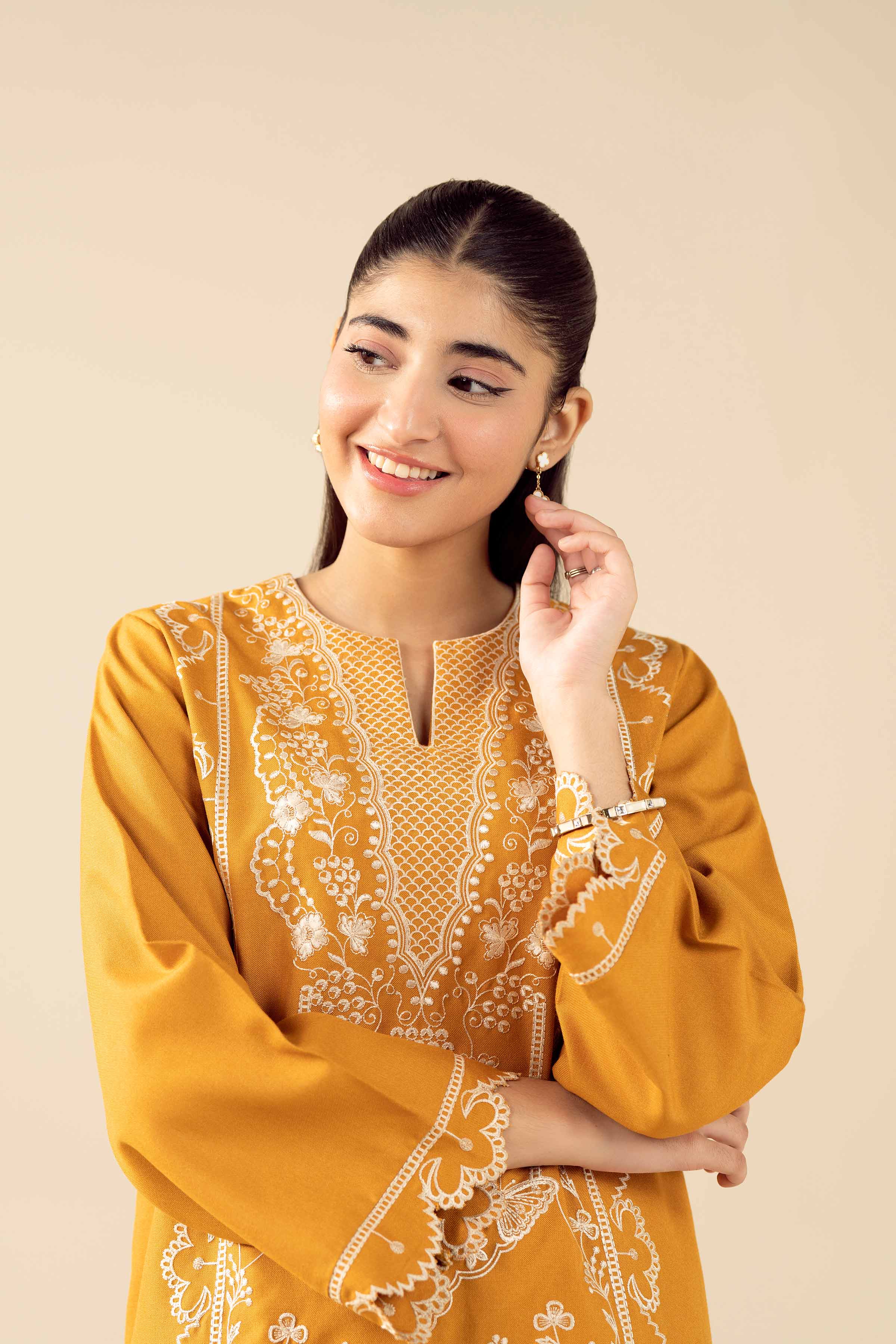 2 Piece - Embroidered Suit - PW25-324 READY TO WEAR Yellow Poshak 2PC Embroidered