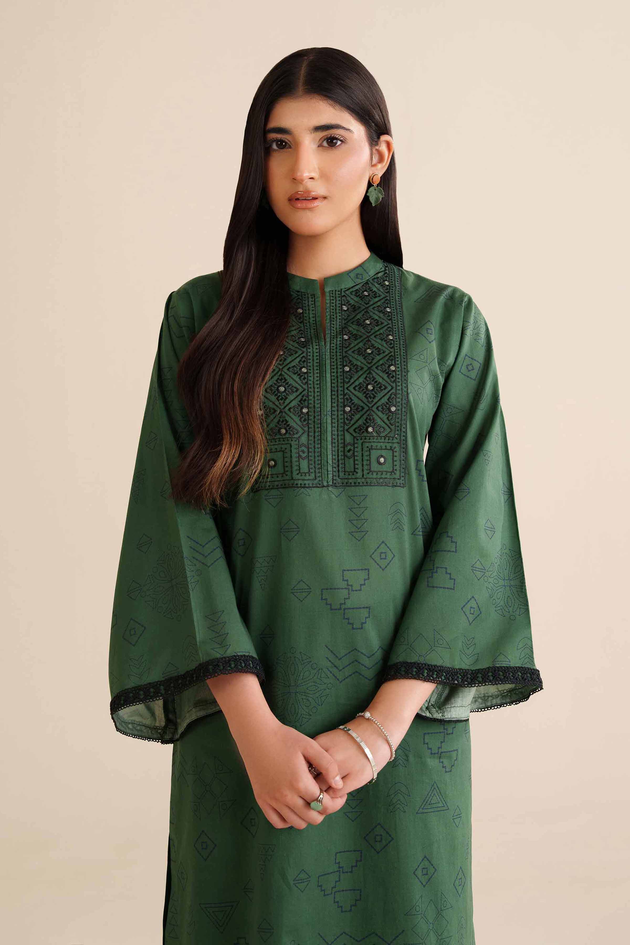 2 Piece - Printed Embroidered Suit - PW25-33 READY TO WEAR Green Cambric 2PC Embroidered