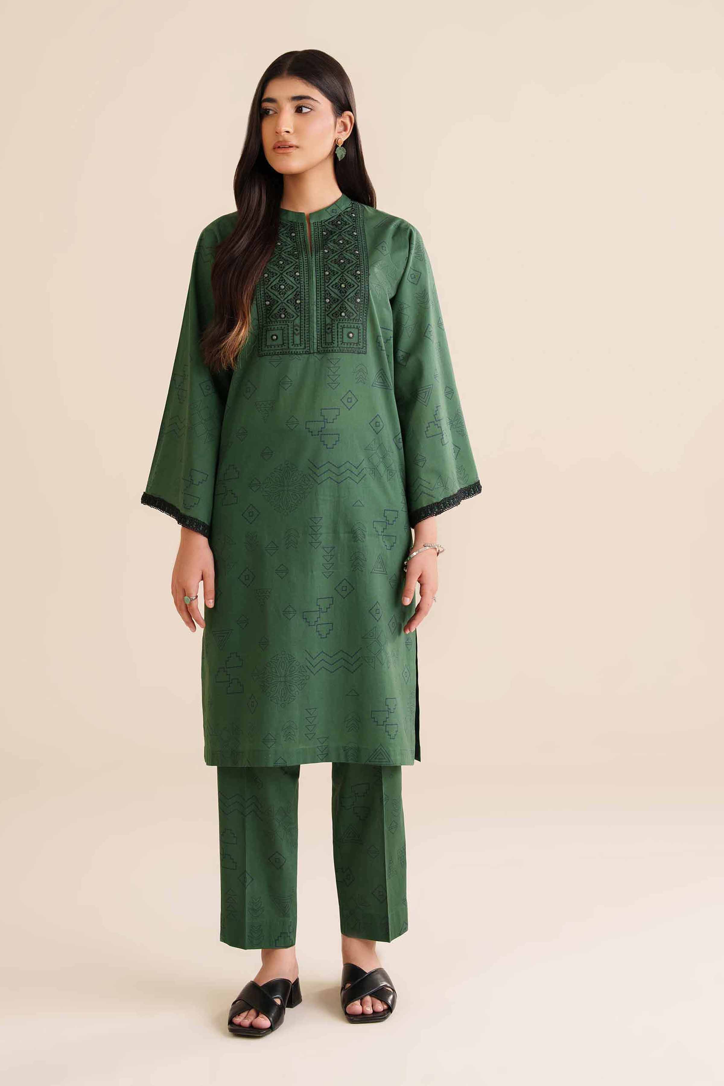 2 Piece - Printed Embroidered Suit - PW25-33 READY TO WEAR Green Cambric 2PC Embroidered