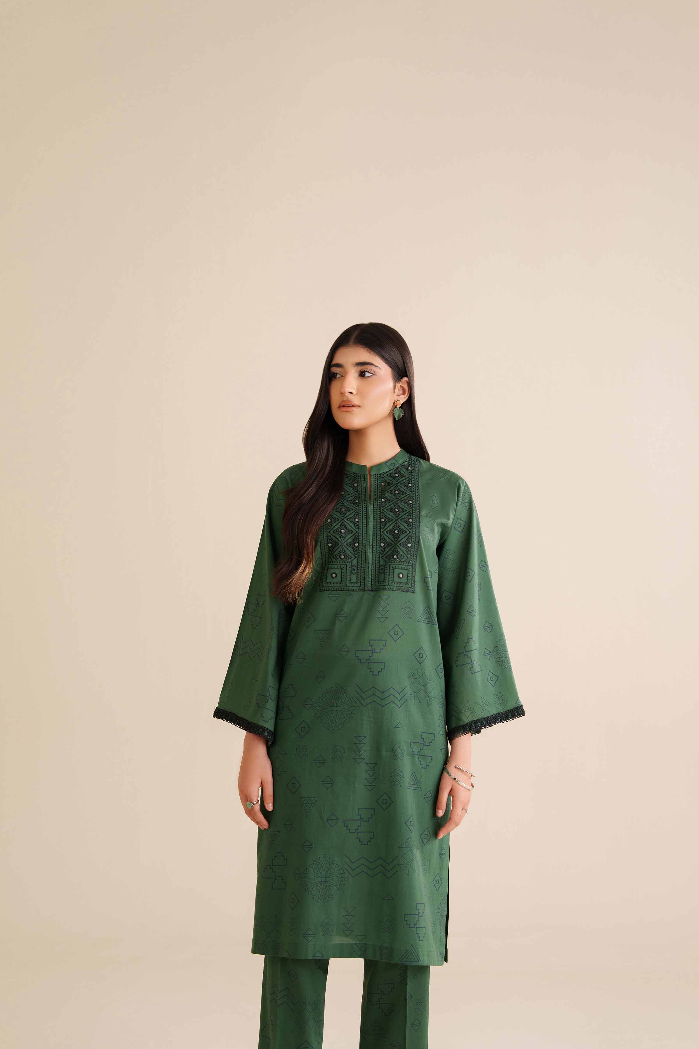 2 Piece - Printed Embroidered Suit - PW25-33 READY TO WEAR Green Cambric 2PC Embroidered