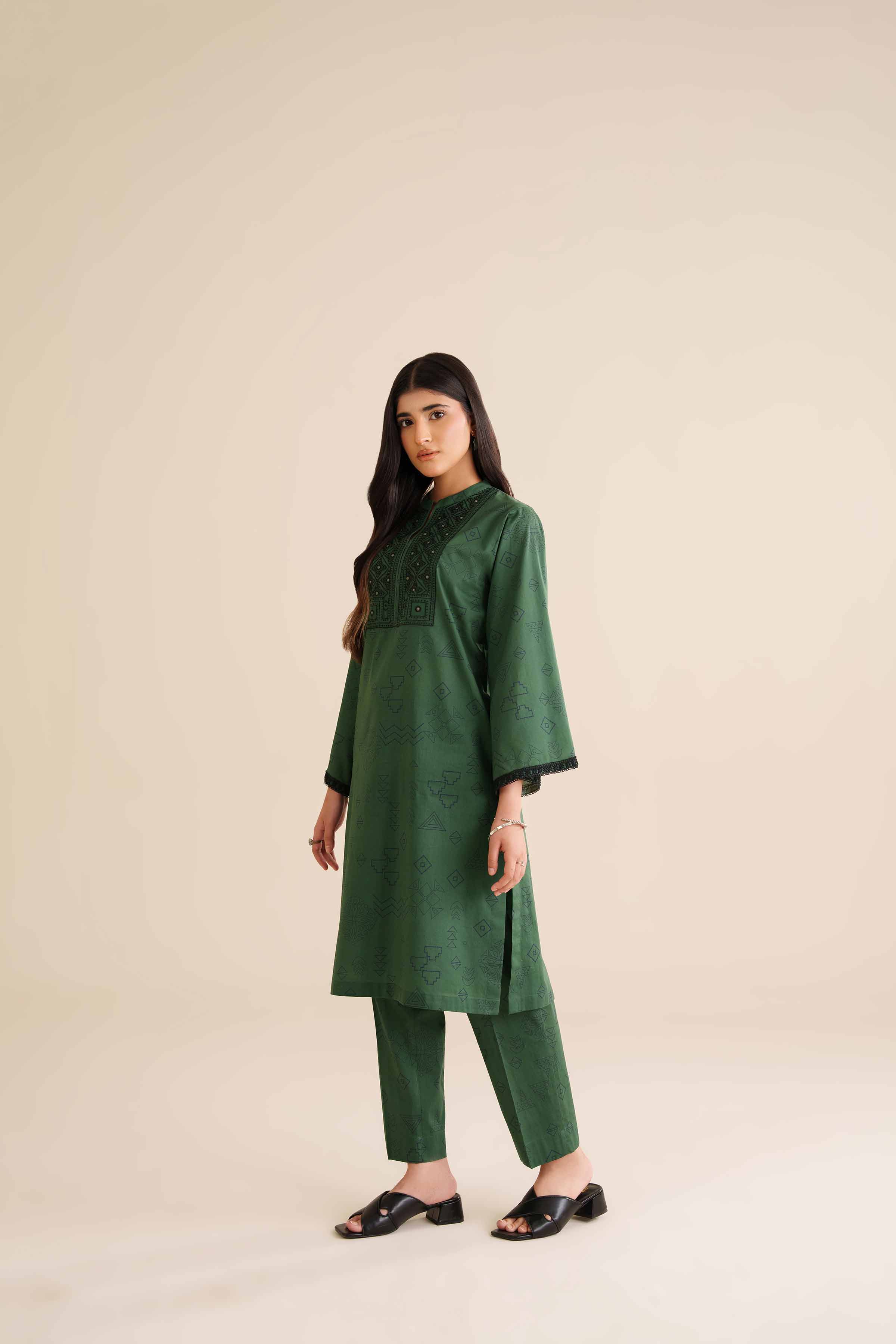 2 Piece - Printed Embroidered Suit - PW25-33 READY TO WEAR Green Cambric 2PC Embroidered