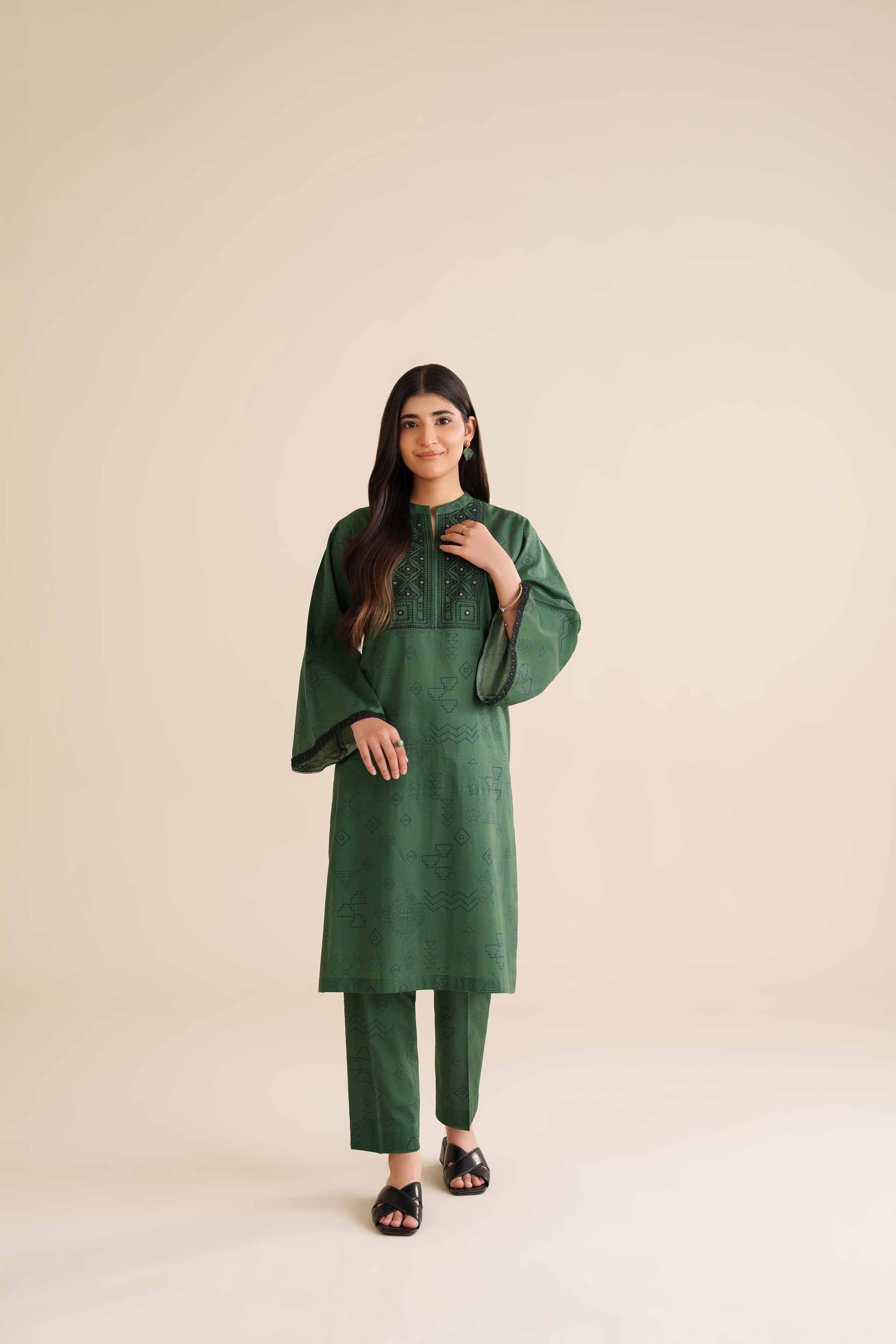 2 Piece - Printed Embroidered Suit - PW25-33 READY TO WEAR Green Cambric 2PC Embroidered