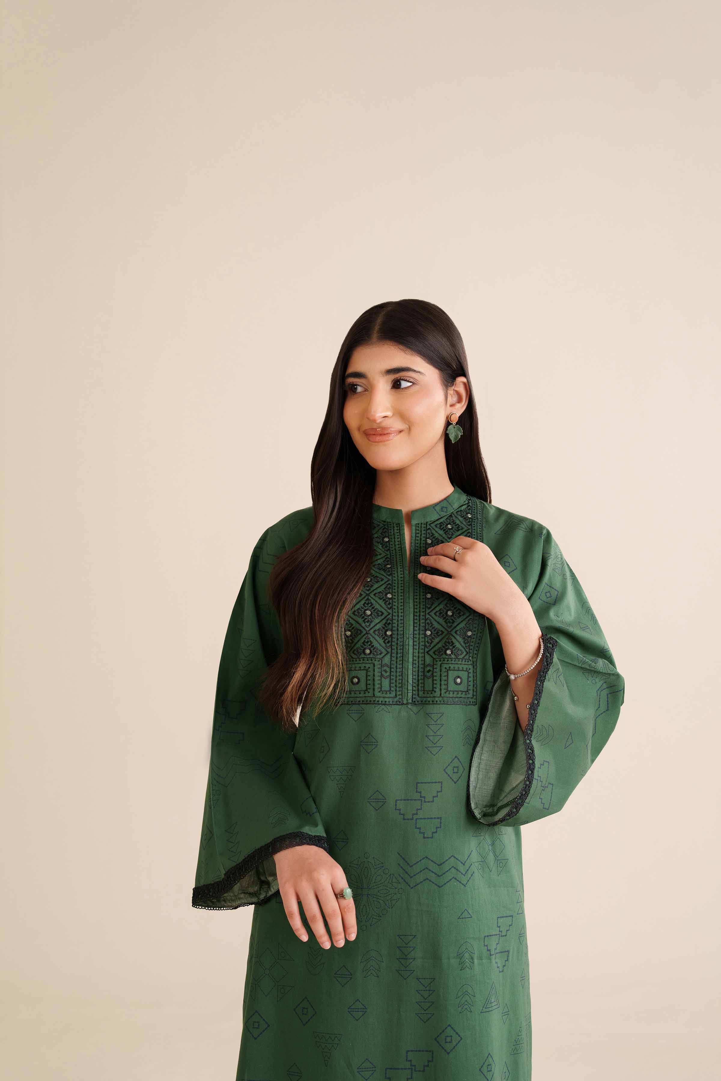 2 Piece - Printed Embroidered Suit - PW25-33 READY TO WEAR Green Cambric 2PC Embroidered