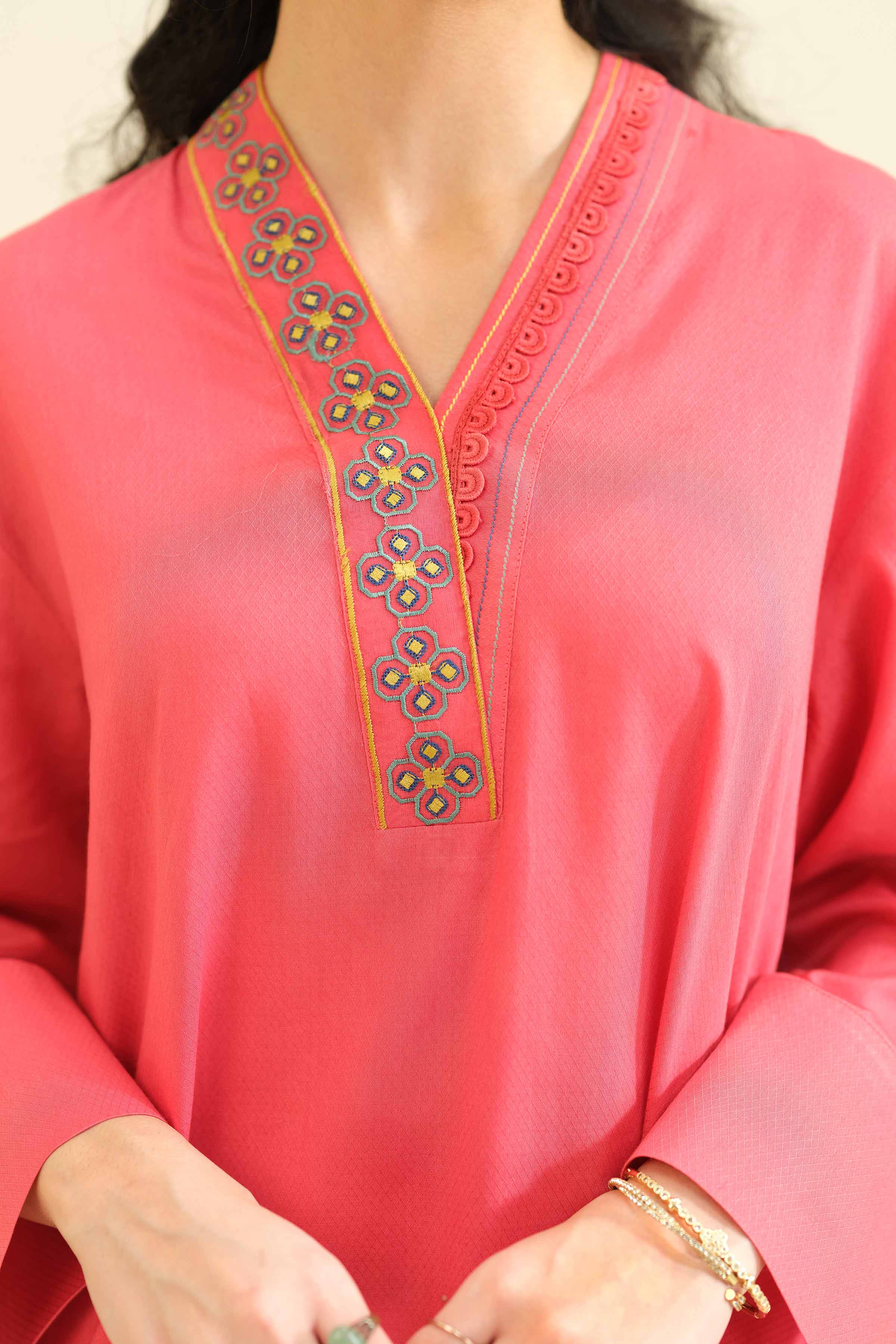 Embroidered Shirt - PW25-35 READY TO WEAR Pink Cambric 1 Piece Embroidered