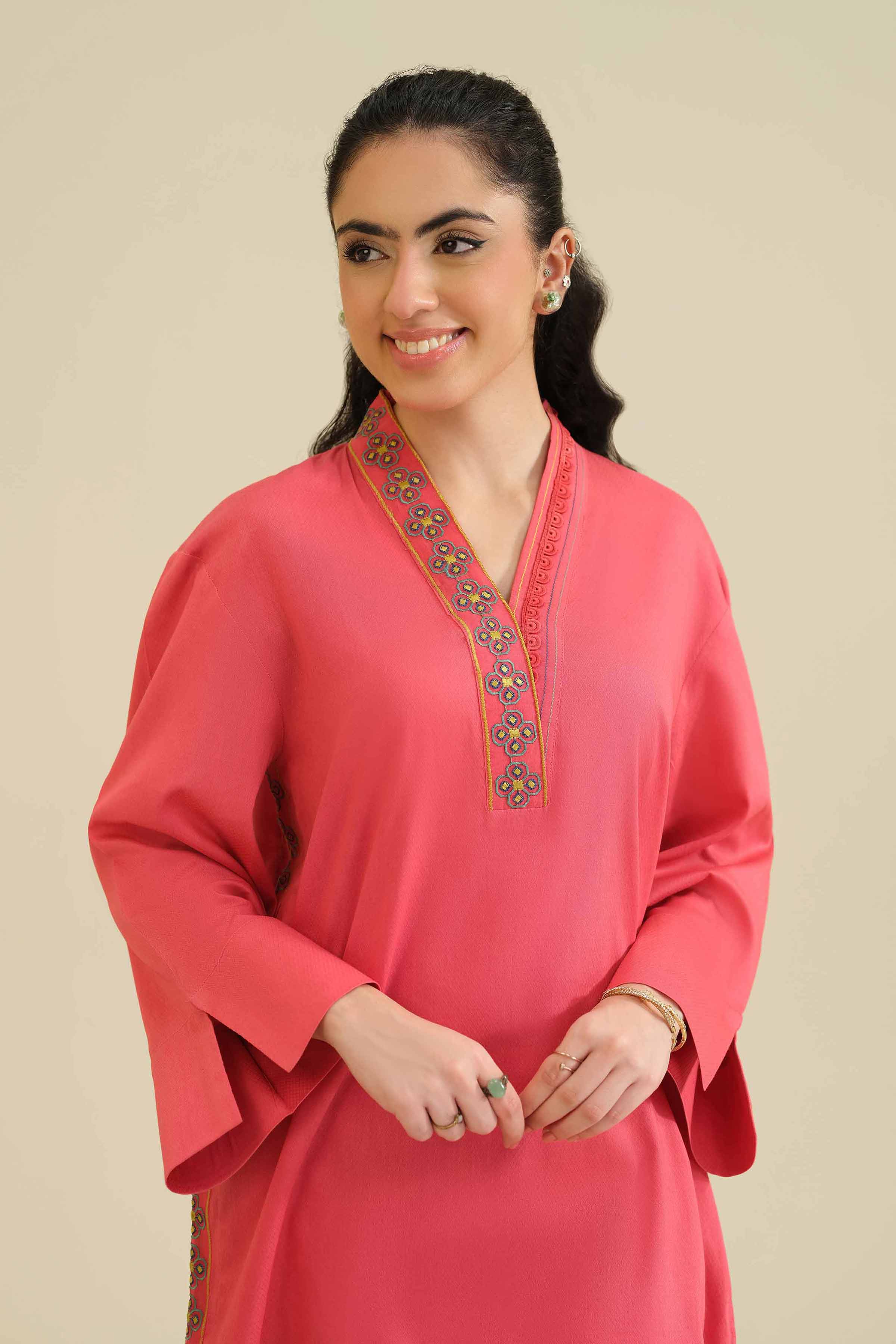Embroidered Shirt - PW25-35 READY TO WEAR Pink Cambric 1 Piece Embroidered