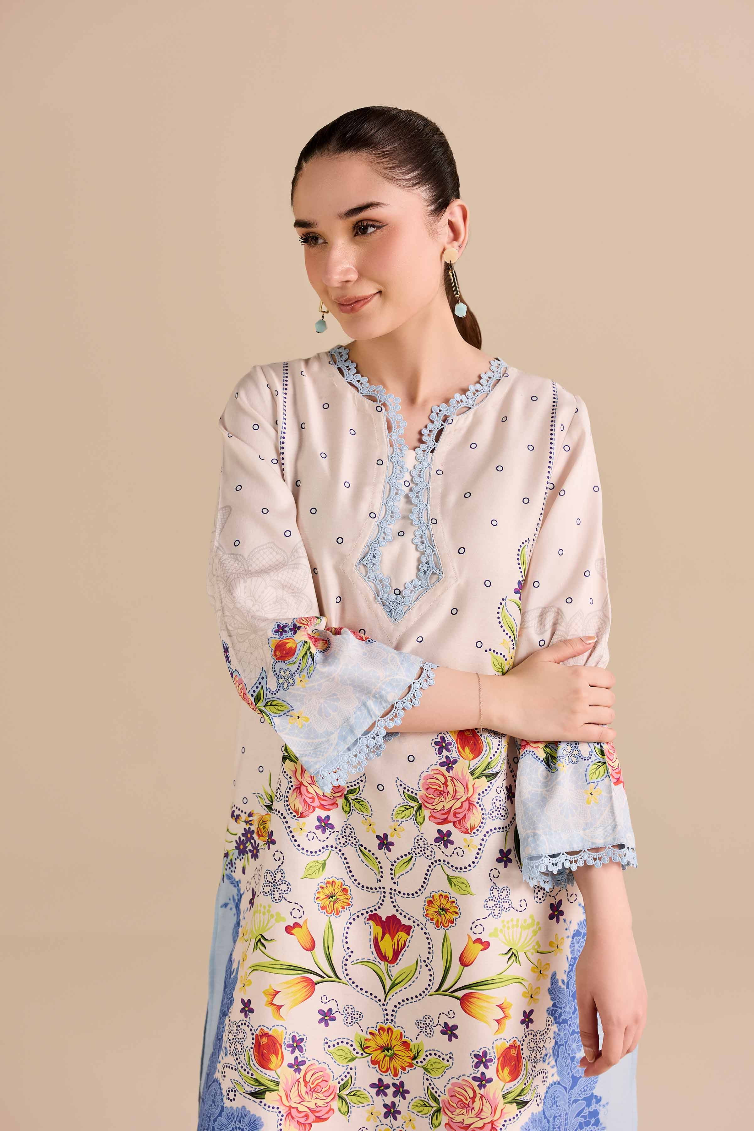 2 Piece - Printed Suit - PW25-369 READY TO WEAR Beige Satin 2 Pieces Printed
