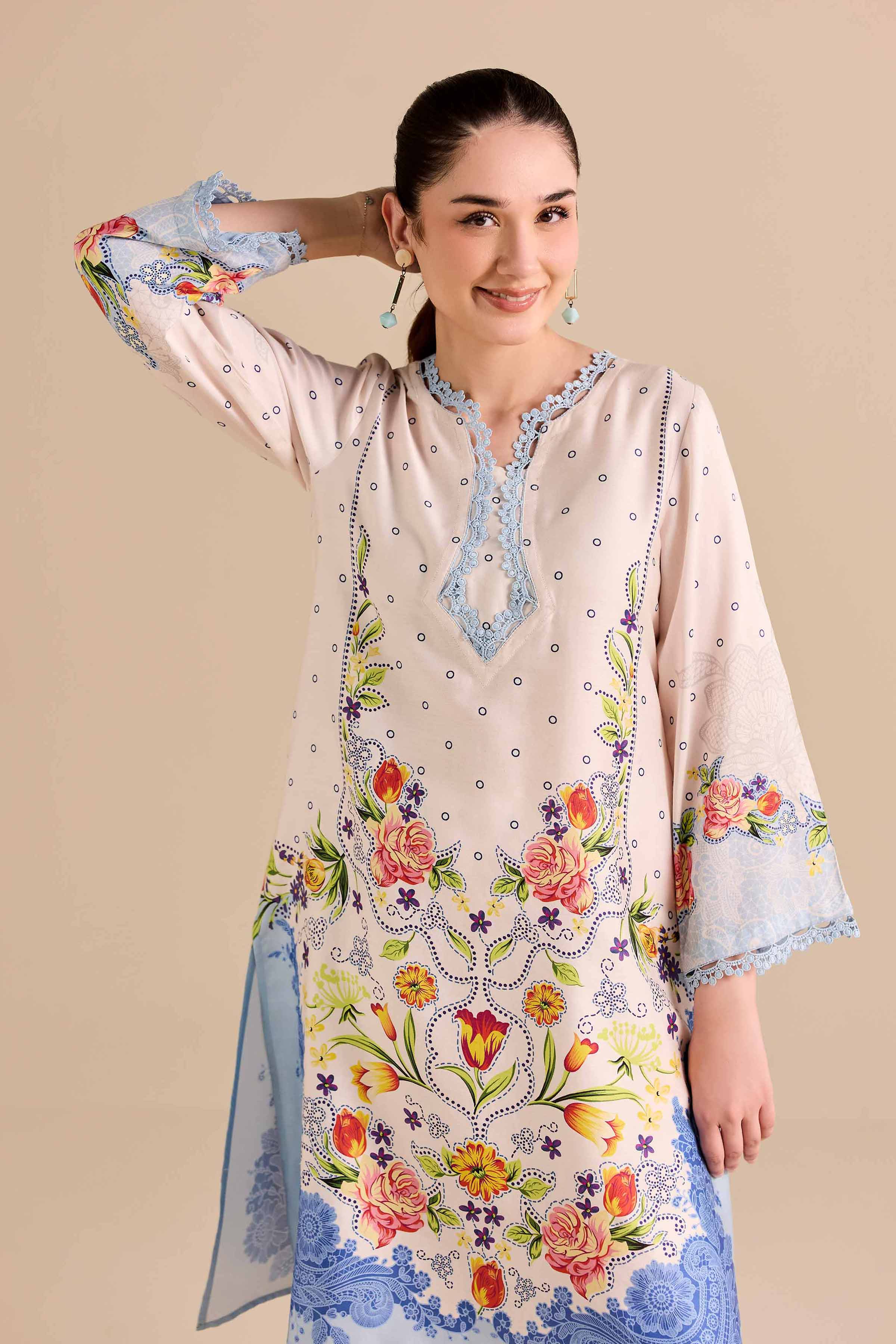 2 Piece - Printed Suit - PW25-369 READY TO WEAR Beige Satin 2 Pieces Printed
