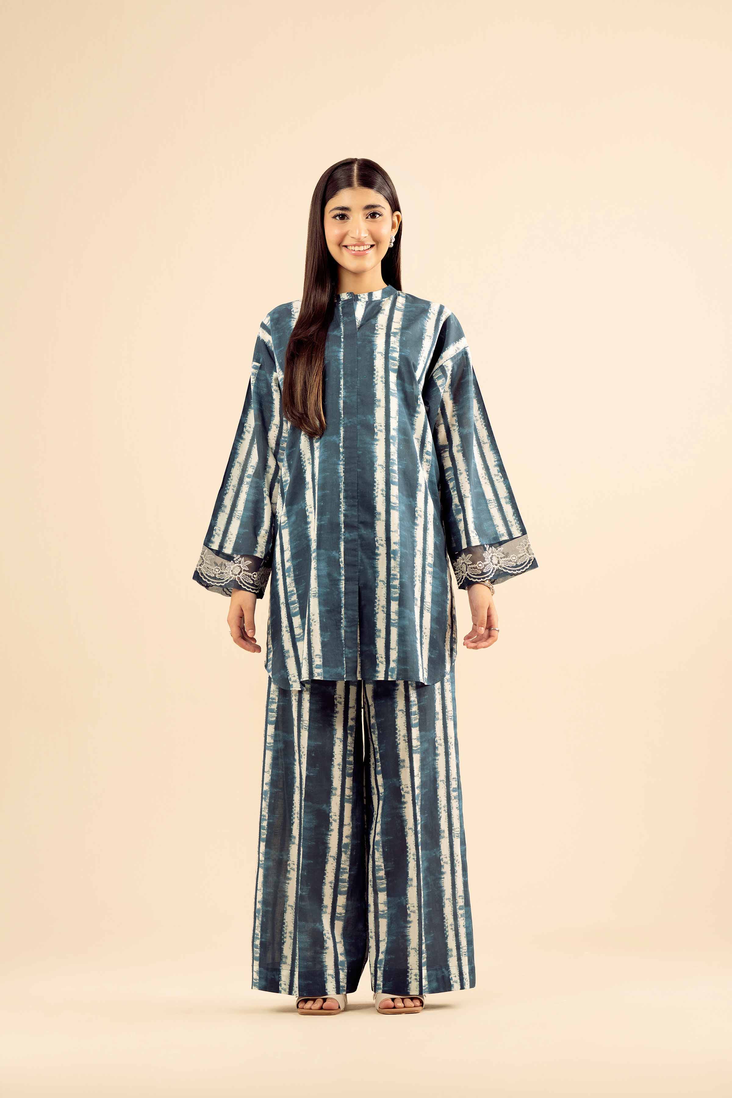 2 Piece - Printed Embroidered Suit - PW25-38 READY TO WEAR Blue Cambric 2PC Embroidered